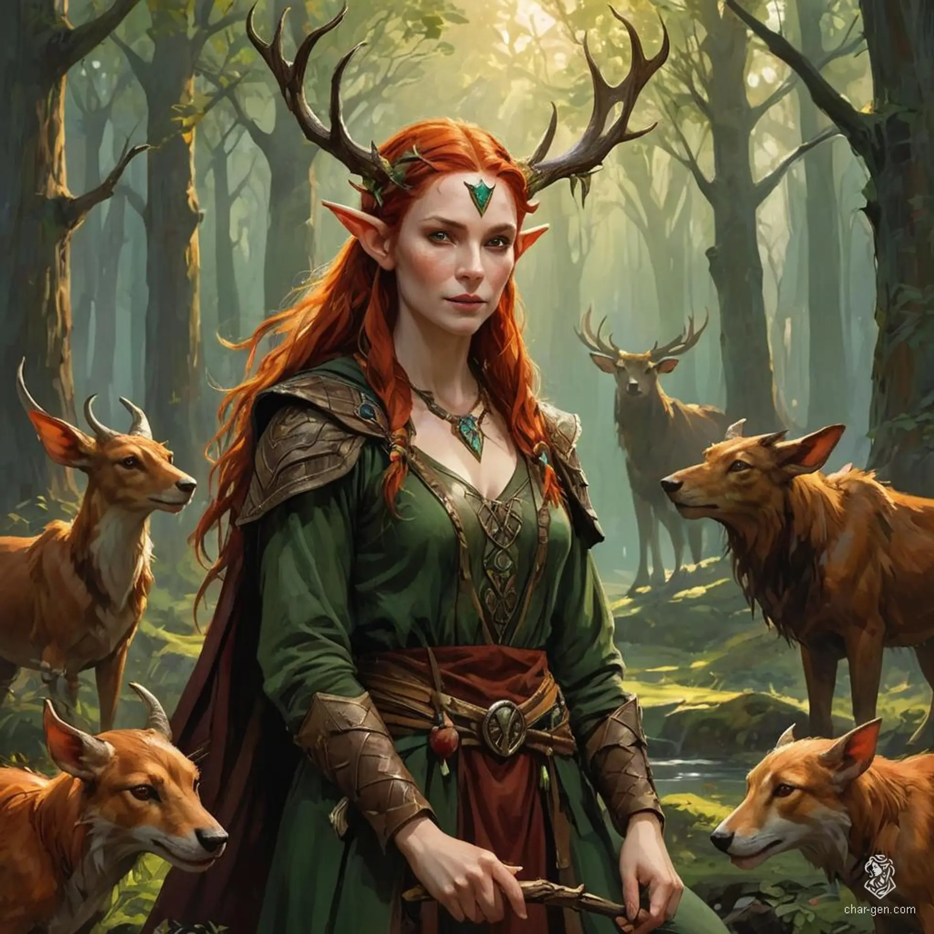 Keyleth, a 17-year-old Half-Elven Druid, is from the Air tribe of the Ashari people. Marked by her cherry-red hair and deep brown eyes, she possesses extreme wisdom despite lacking strength, agility, and charm. Raised to lead, she embarks on the Aramente to prove her connection to nature and elemental magic.