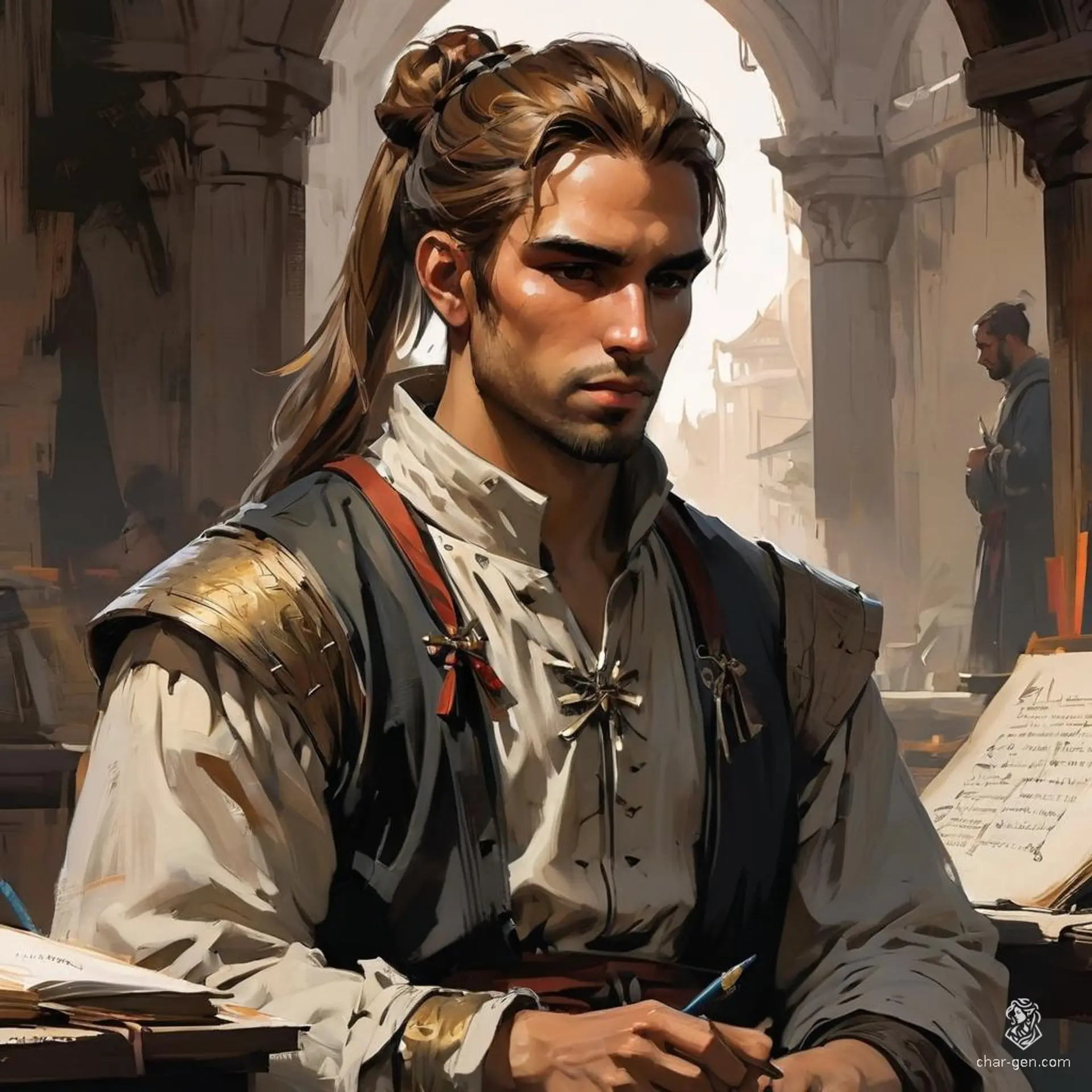 A serene, tall, and well-built human cleric in his thirties, with light skin and shoulder-length brown hair tied in a low ponytail. He works as a scribe in a study, surrounded by parchments. Clad in a white robe over a turtleneck and long black pants, he dons a dark green coat with golden accents for cooler weather.