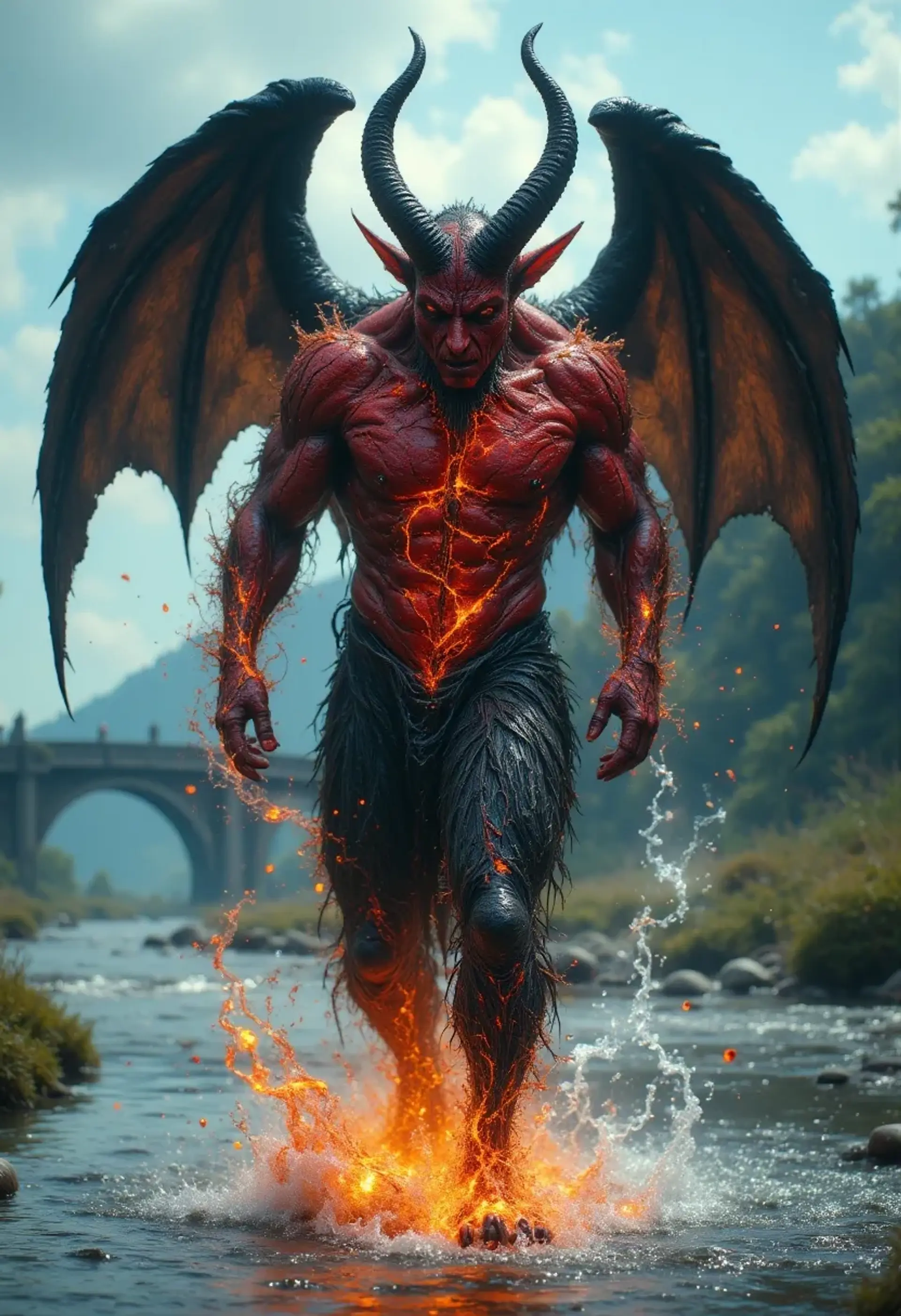 Emerging from a steaming river, a horned devil with cracked black skin reveals molten lava beneath its surface. Goat-like legs support its sinister frame, while cloven hooves create vaporous clouds. With red, scaly accents and bat-like wings, it embodies sheer malevolence in stunning photorealistic detail.