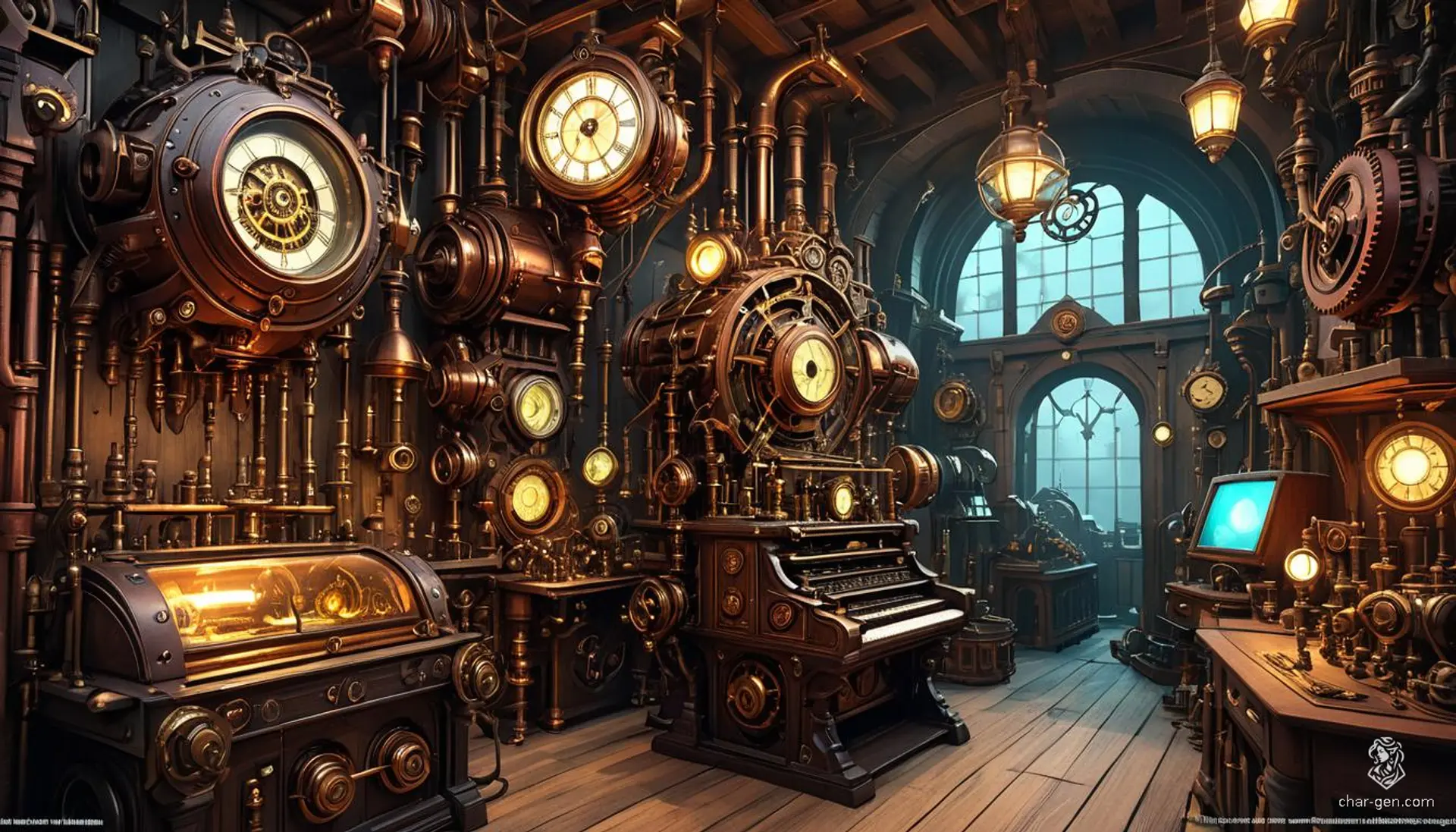 Nestled in a high fantasy realm, this steampunk tinkerer's workshop glows with brass and copper tones, intricate gears, and vintage machinery. Luminous magical artifacts and steam-powered devices adorn the detailed space, exuding a warm, inviting atmosphere of boundless creativity and ornate Victorian elegance.