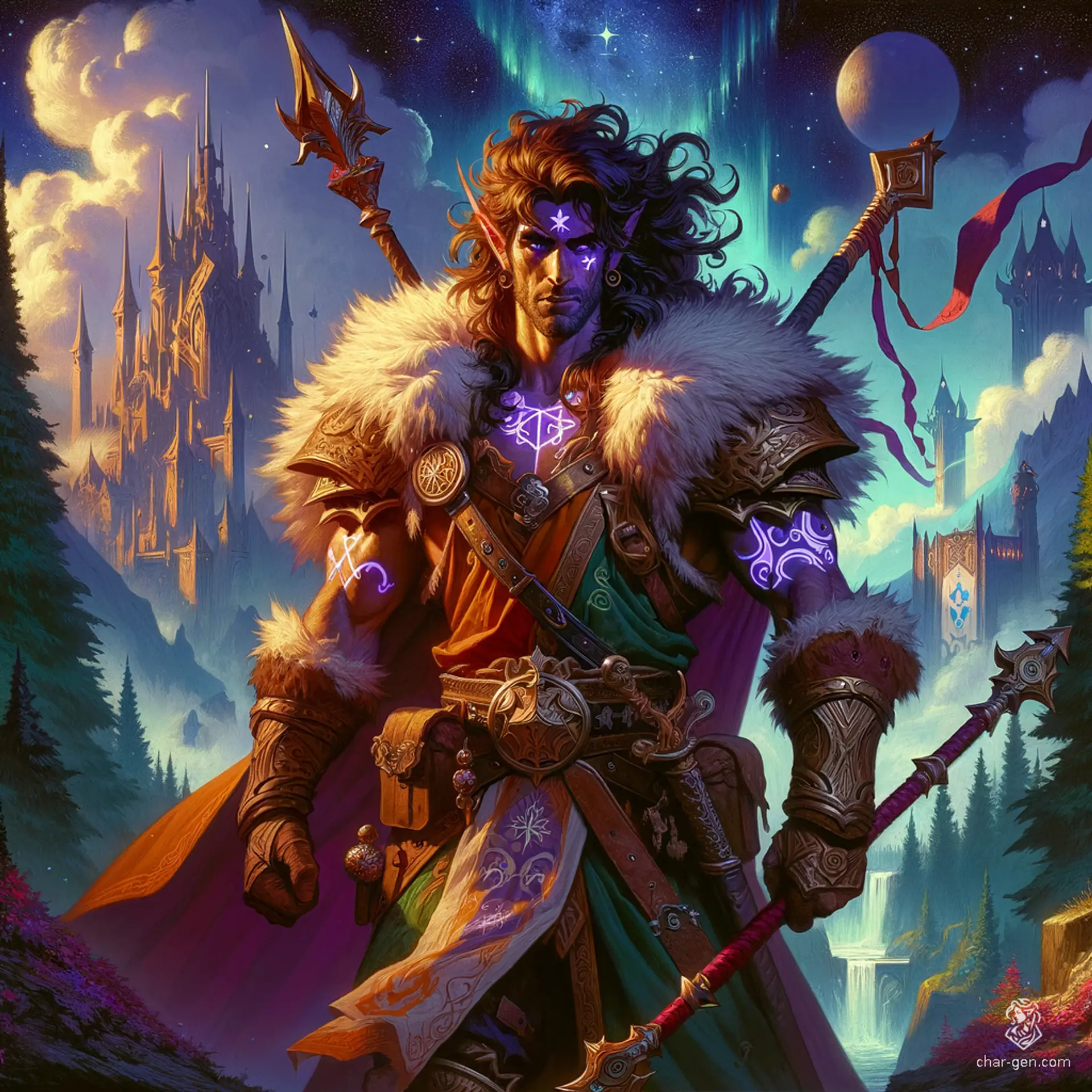 Ralvek, a wild and rugged Astral Elf barbarian from the Lunathar clan, wields a dark red spear and a forge-star greatsword. Marked by celestial runes, he blends brute strength with devout intelligence. A fierce zealot and kind warrior-priest, he fights tyranny and protects the innocent, haunted by his homeland's destruction by Voidspawn.