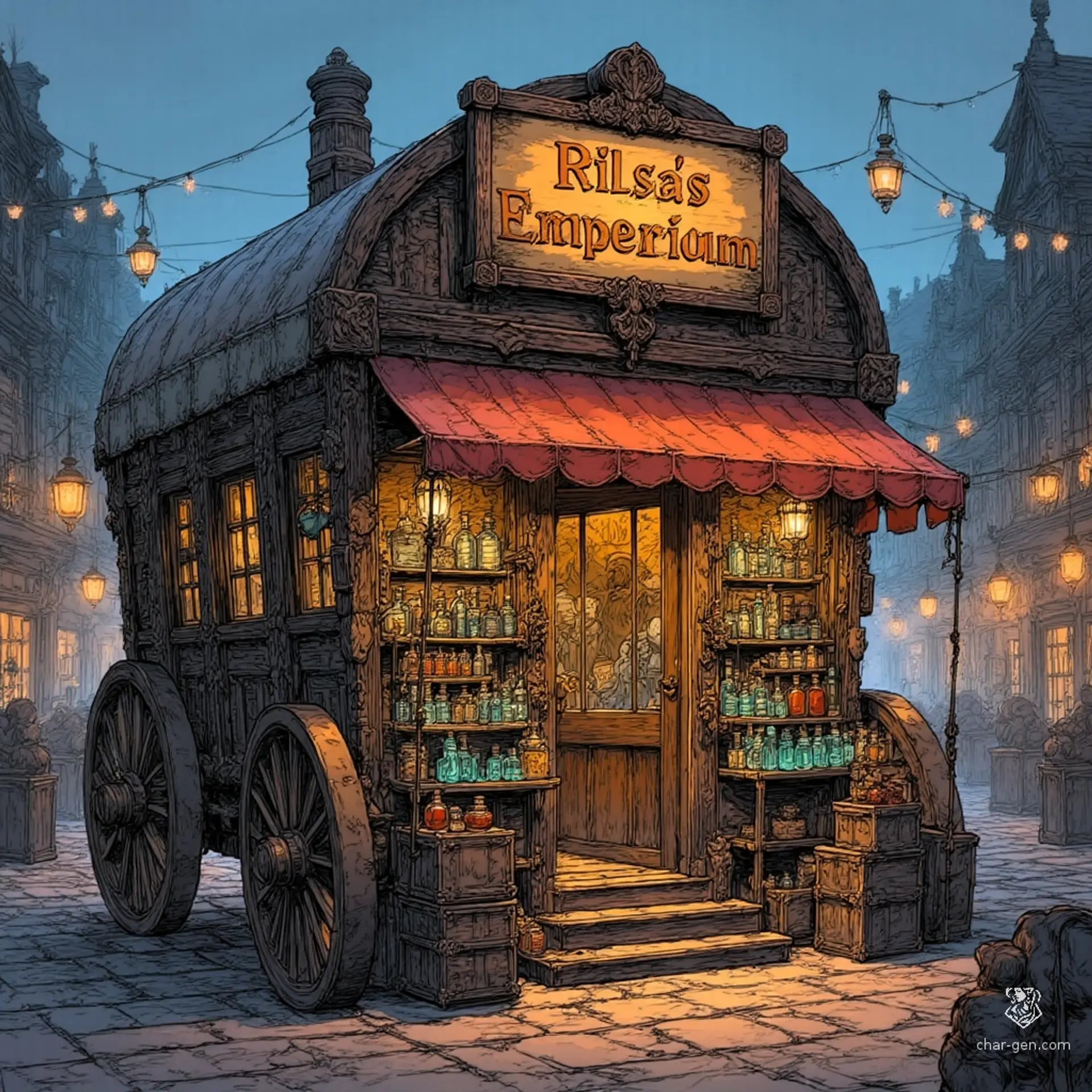 Rilsa's Rolling Emporium - AI-generated fantasy Shop