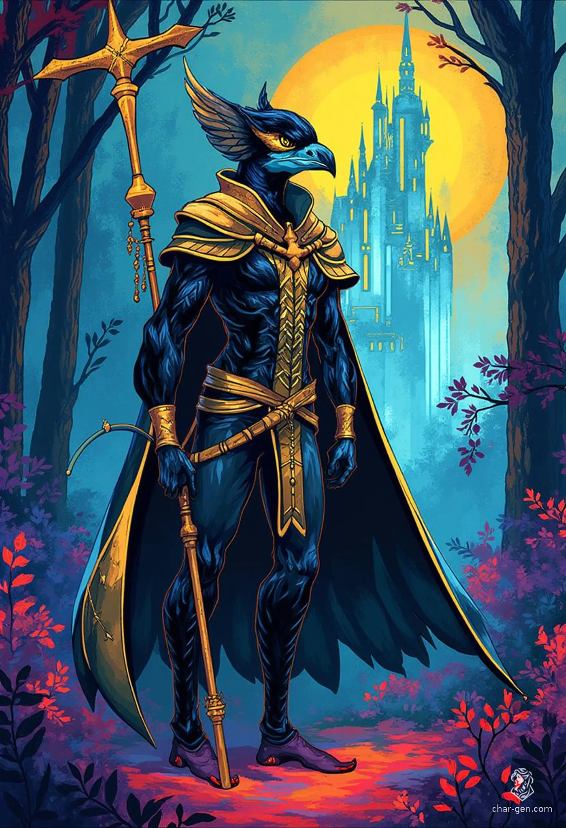 Krackle Brightbeak is a 20-year-old, blue-skinned kenku sorcerer with a raven-like head and wings. A charming and intelligent criminal, he wields an enchanted quarterstaff and wears a mesmerizing, shifting cloak that enhances his unpredictable magic, all while exuding a powerful aura of mystery.