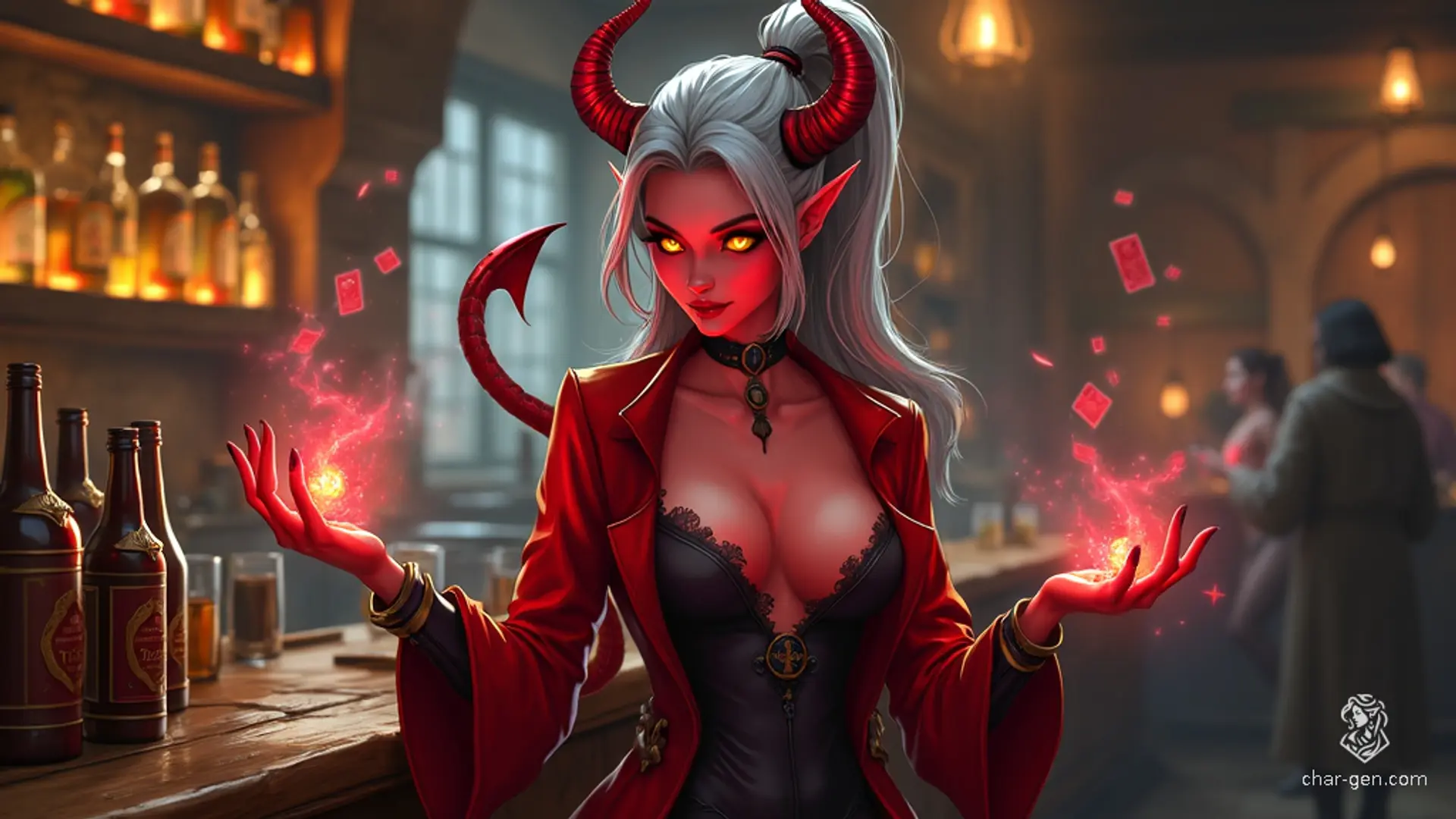 A charismatic, red-skinned female tiefling bartender with metallic silver-gray hair wipes down counters amid barrels and bottles. Her smooth crimson skin glows in the dim tavern light, and her flirtatious banter flows effortlessly as she serves drinks to lively patrons.