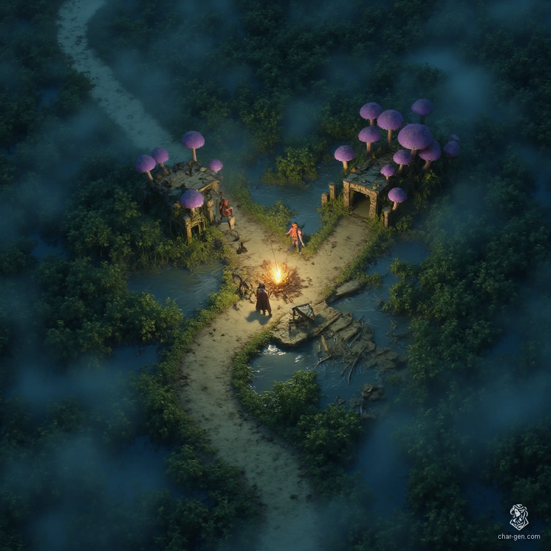 In a murky marsh, sticky mud oozes beneath your feet while tangled mangroves loom over shimmering pools, cloaked in thick fog. Purple mushrooms cling to decaying logs, illuminating the area with eerie glow. A crossroads campsite lies at the heart, shadowed by the remnants of a ruined highway bridge, where giant fay mushrooms thrive, concealing hidden traps and lurking secrets for the unwary traveler.
