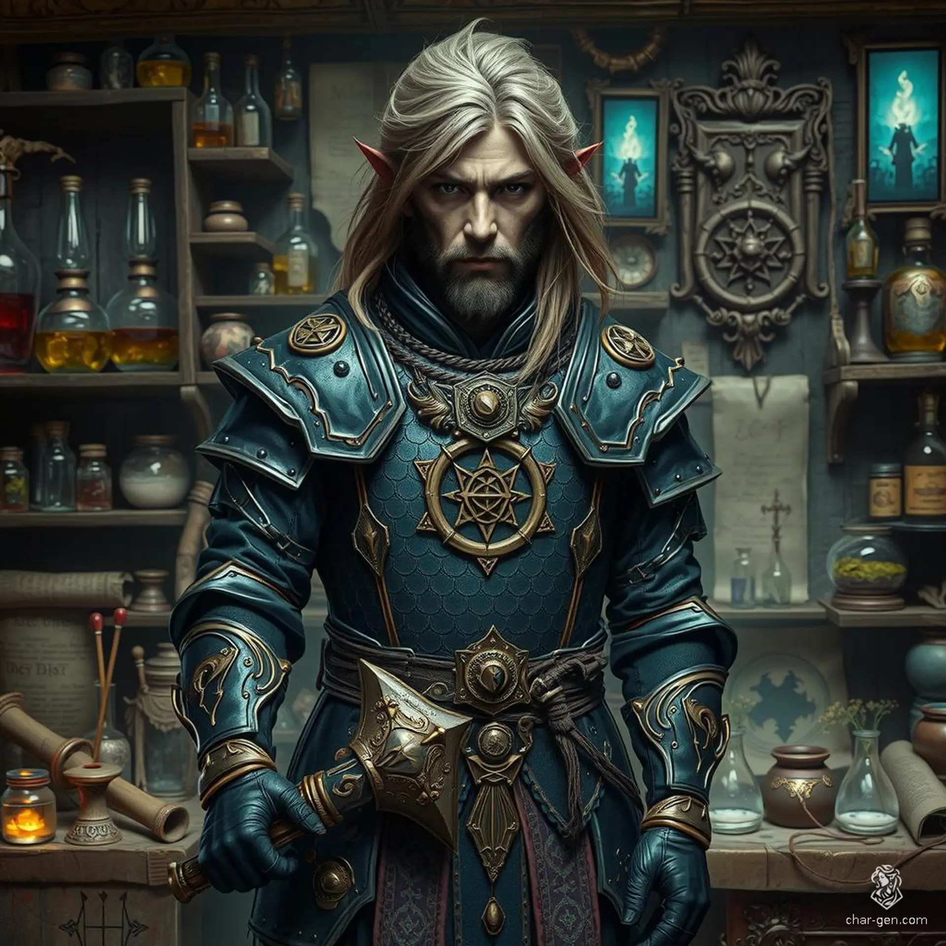 Ara, a charismatic and intelligent 14-year-old kalashtar cleric, serves as an Orzhov Representative. Tall and slim, Ara’s serene aura and wisdom shine through their intricate scale mail. Wielding a mace with confidence, Ara straddles the line between life and death, symbolized by their prominent holy emblem.