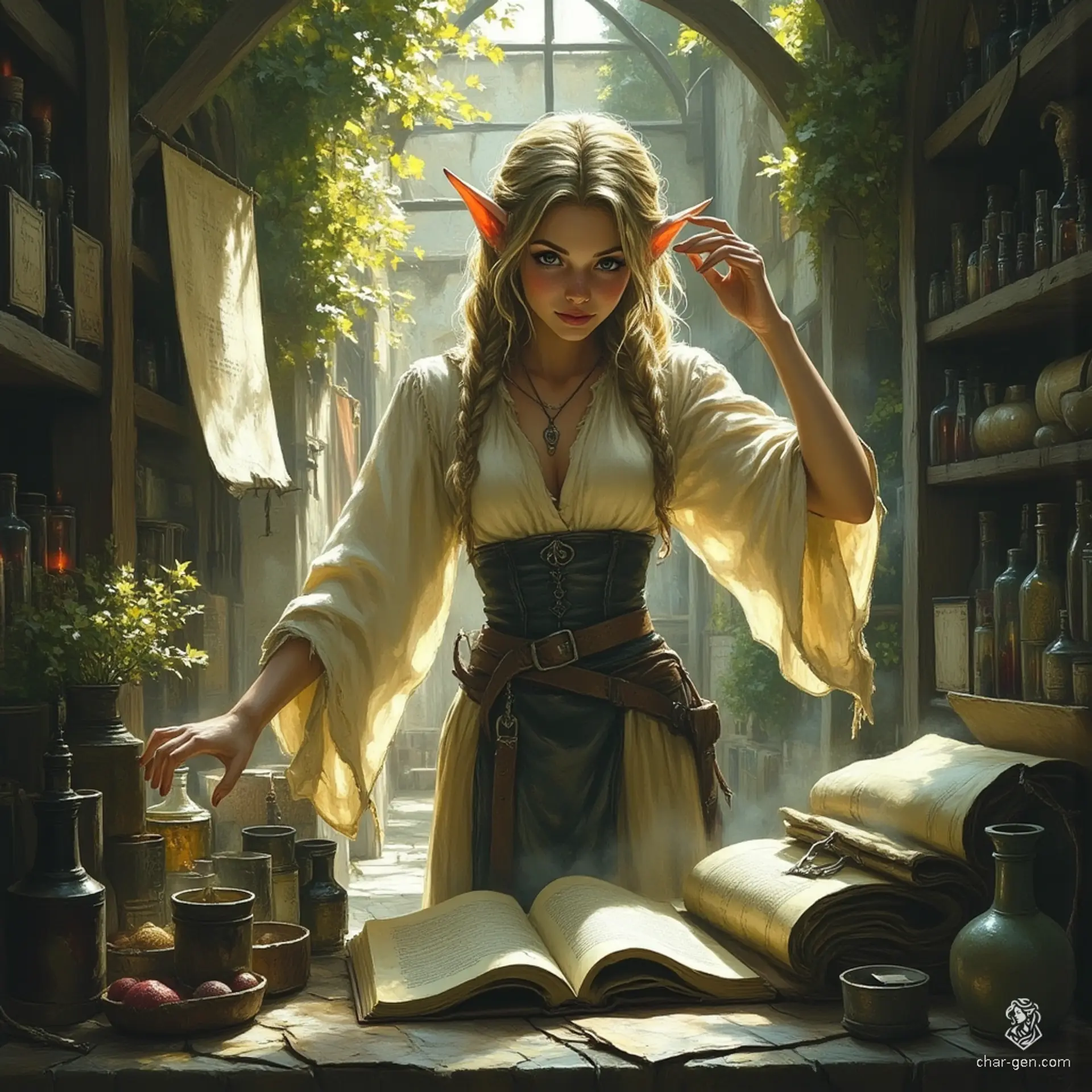 Meet Maryam, a graceful, tan-skinned elf forensic medicine investigator. With flowing tea-colored hair and bright topaz eyes, she balances curiosity and care. Dressed in practical, renaissance-inspired attire, she navigates her cozy alchemical lab, deeply engrossed in witchcraft and science, alongside her ghostly spider familiar.