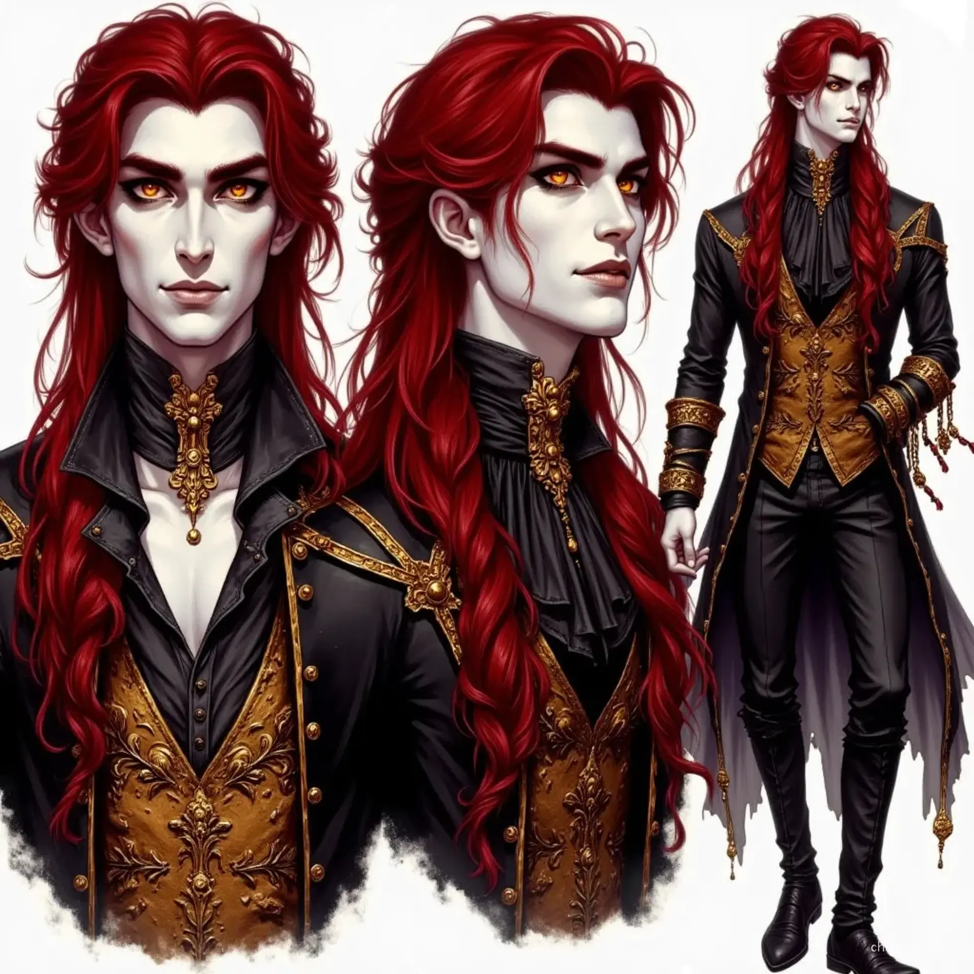 Meet the ethereal vampire nobleman: a tall, lean figure in his thirties, boasting shoulder-length, layered bright red hair, captivating yellow eyes, and razor-sharp fangs. Clad in elegant black attire with gold accents, his commanding presence and evil smile hint at both charm and menace.