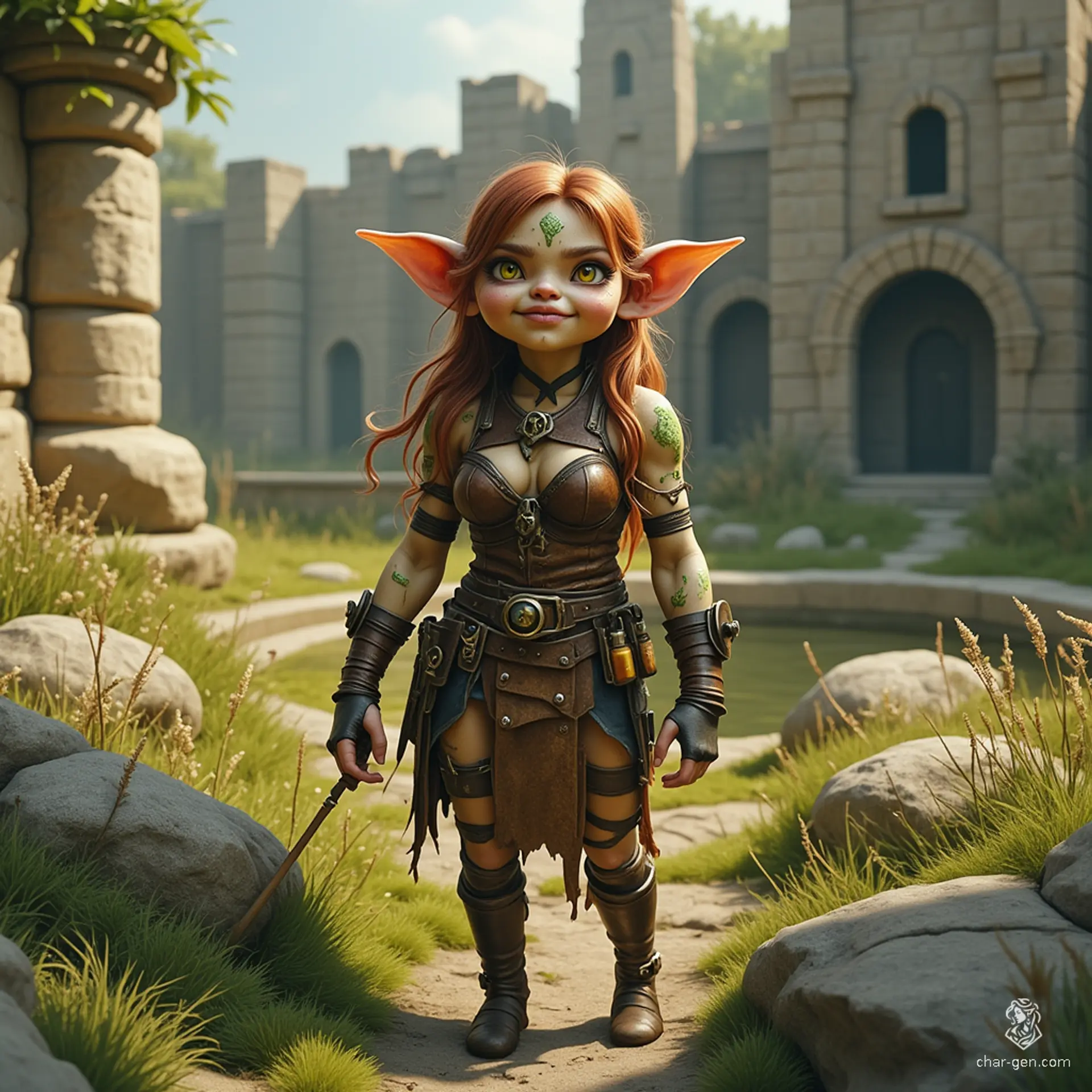 Meet Izzy, a newly emancipated halfling assassin: her athletic frame, olive skin, and striking yellow-green eyes exude both danger and charm. Adorned in practical leather armor, she skillfully wields crossbows and poisons, prepared to strike from the shadows with a mischievous smile. Tension hangs in the air, embodying her thrilling, predatory nature.