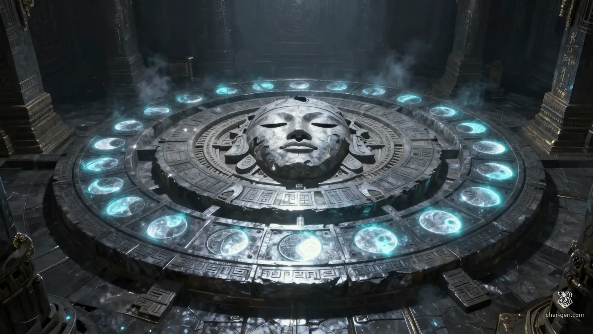 The Lunar Dial of the Eyeless Face - AI-generated fantasy Puzzle