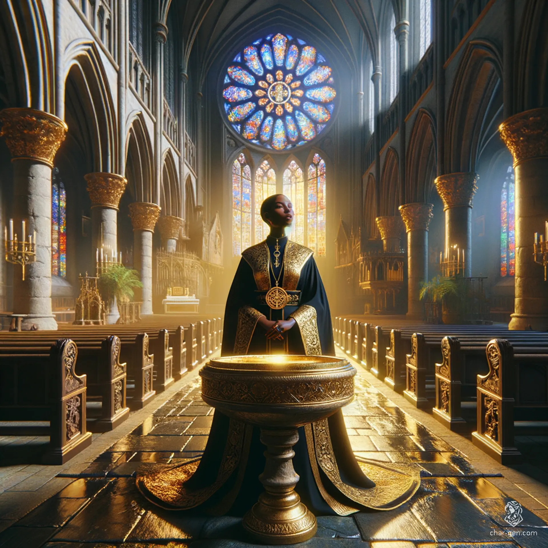 Szatha is an 18-year-old female cleric of medium build and 5'10" height. Radiating a subtle glow, this angelic aasimar has distinct jet-black skin and unusual black-colored eyes. Extremely wise, intelligent, and charming, Szatha carries a prominent holy symbol, embodying serenity and divine grace.