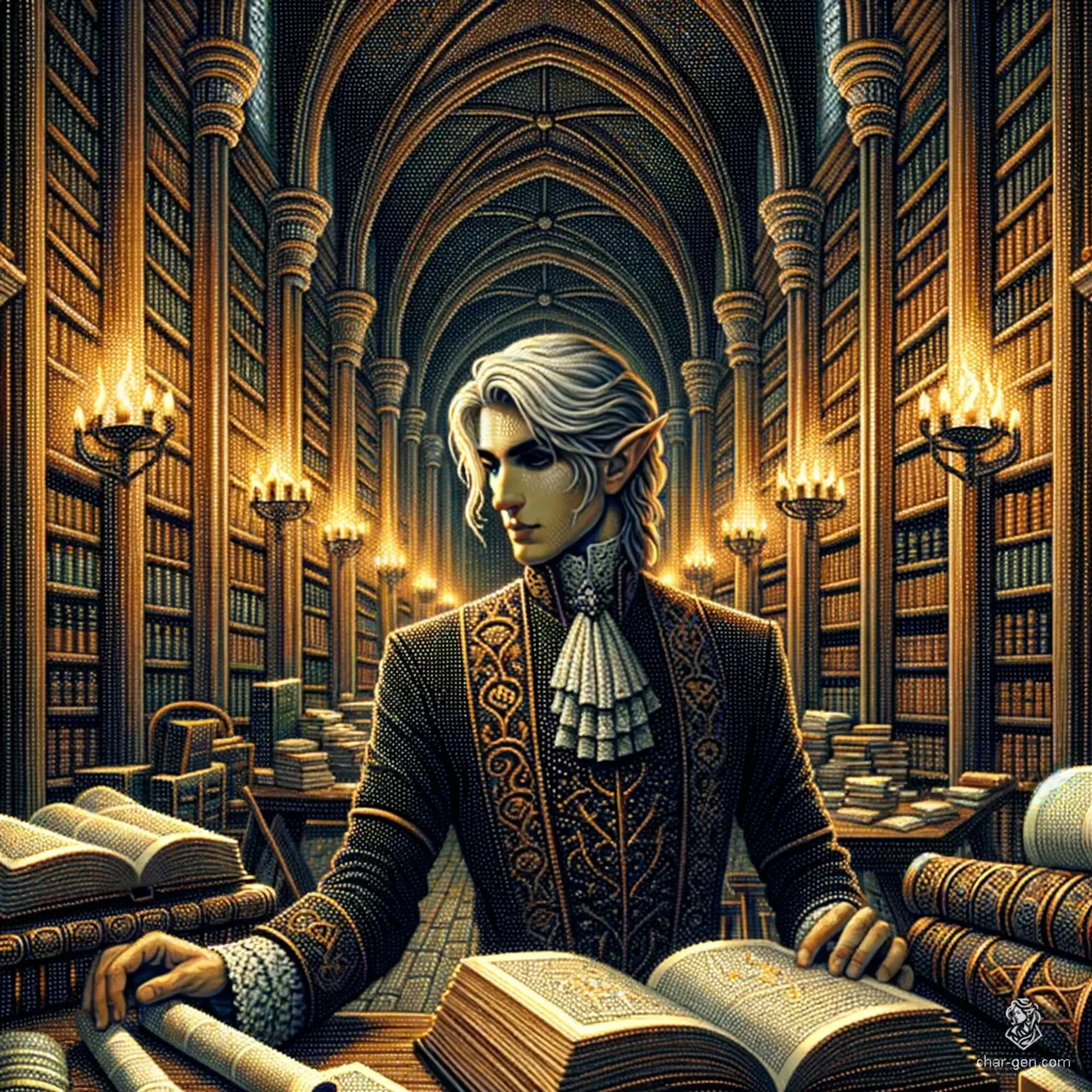 Tallis Winterbane is a meticulous elven archivist with pale silver hair and dark eyes, dedicated to cataloging the vast collection of Himo's library. Clad in a sleek tunic, he quietly preserves ancient lore, often muttering forgotten incantations as he works among towering bookshelves.