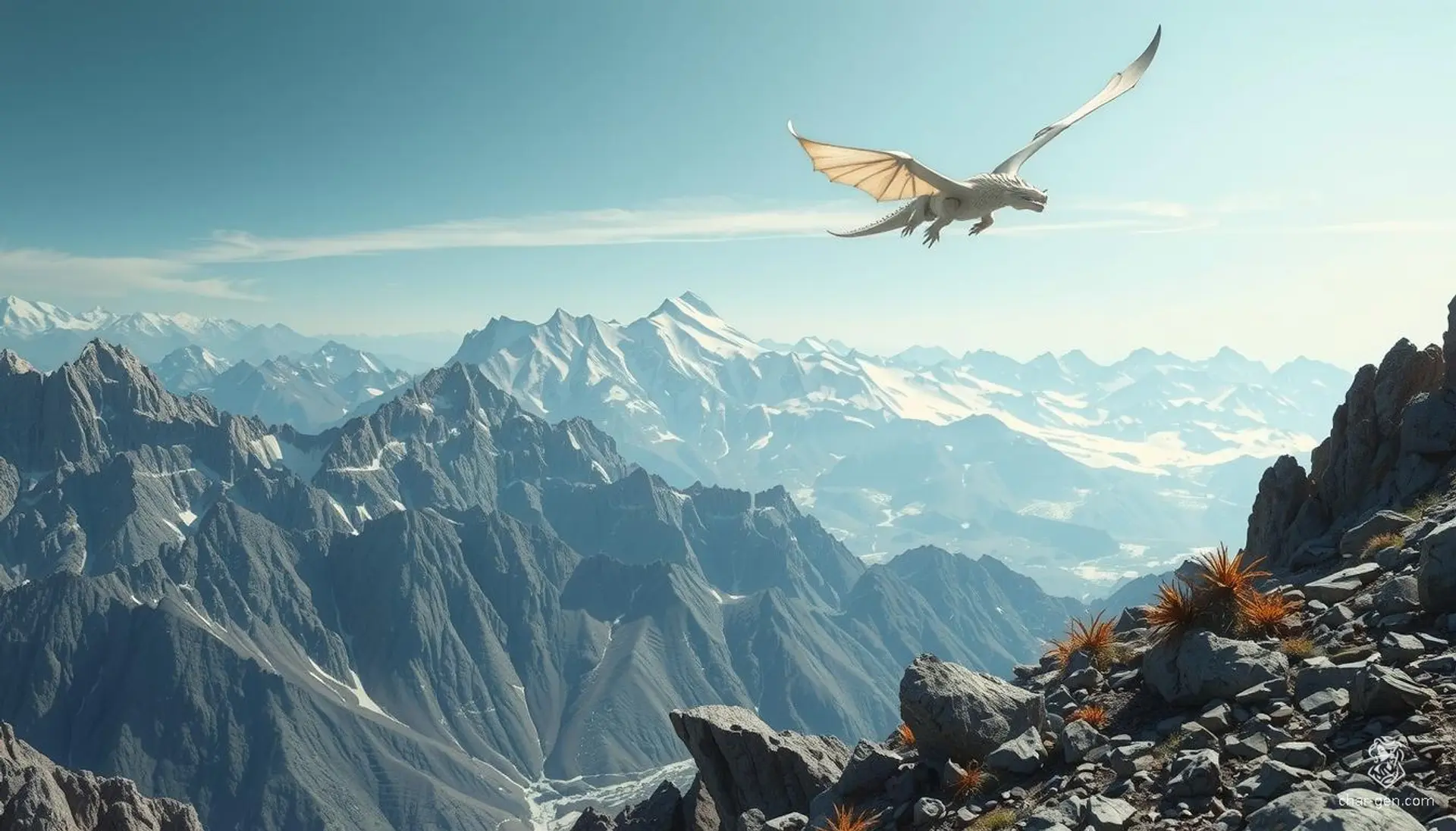 Majestic, snow-capped peaks pierce the sky as a grand white dragon soars overhead, its shimmering scales reflecting the crisp, pristine air. The rugged mountains stand timeless and imposing, bathed in ethereal light and shrouded in mist, creating a breathtaking blend of beauty and awe.