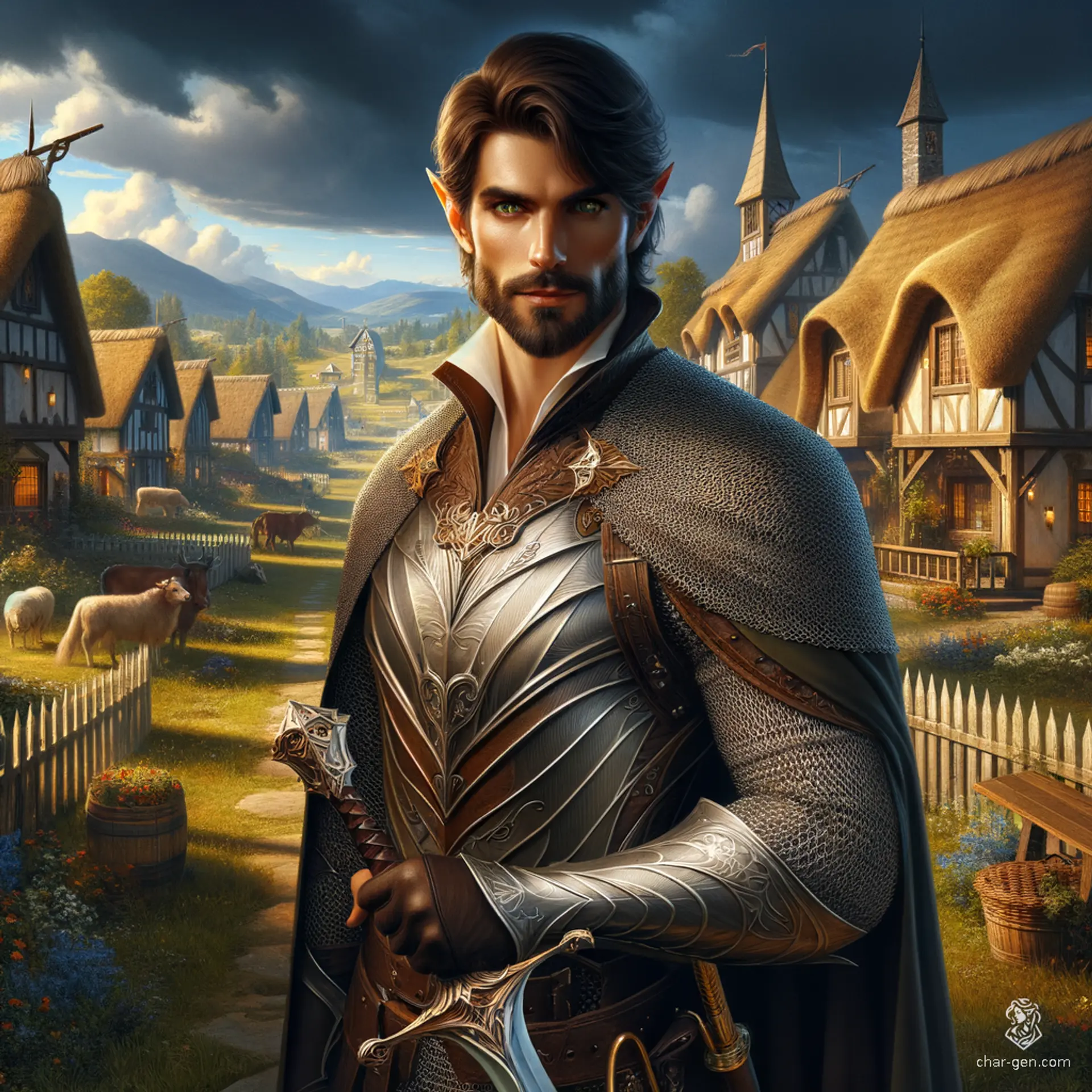 Aenorin of House Far-Voyager is a 129-year-old Valenar Wood Elf with dark beige skin and green eyes. Standing at 6'2", he is a serene and wise cleric-ranger straddling light and shadow. Sporting a full beard and mustache, he exudes confidence and sophistication in his finely-woven chainmail, with scimitar and longsword in hand.