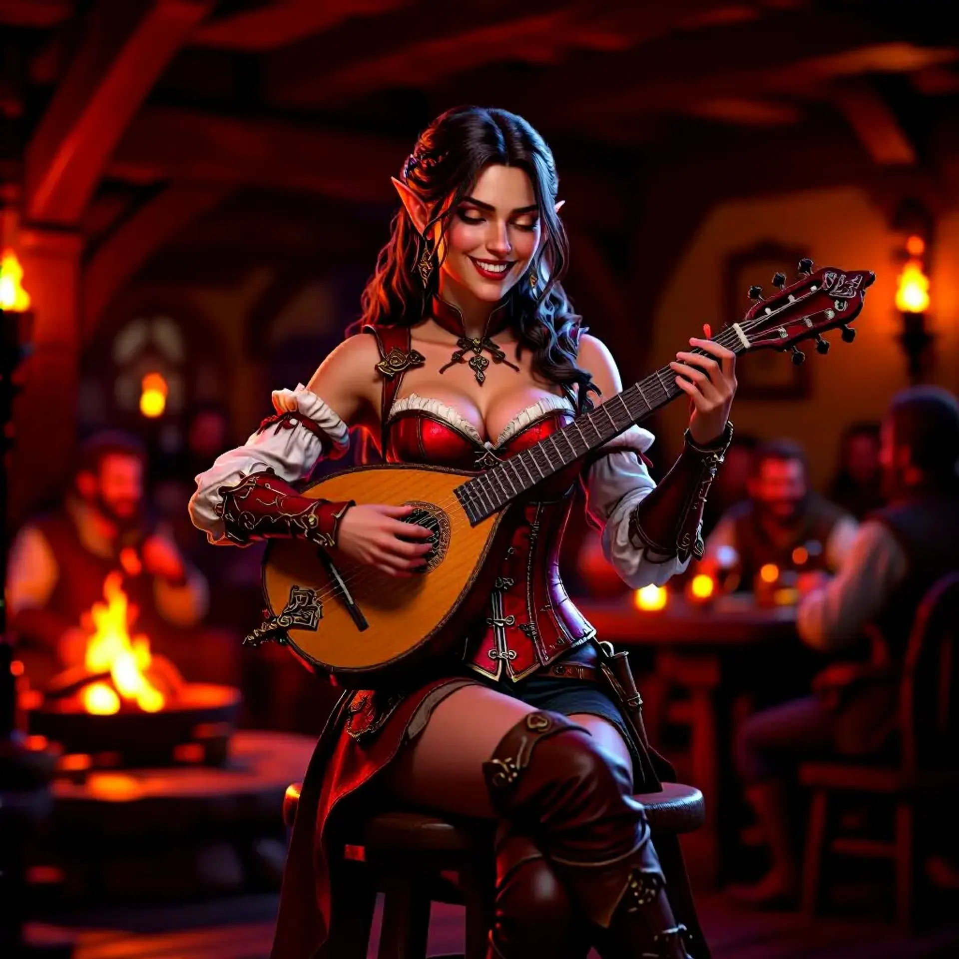 A charismatic half-elf bard, she captivates tavern crowds with her playful smile and skillful lute playing. Clad in a revealing crimson corset, she exudes seductive charm and adventurous spirit, illuminated by warm torchlight in a cozy medieval setting.