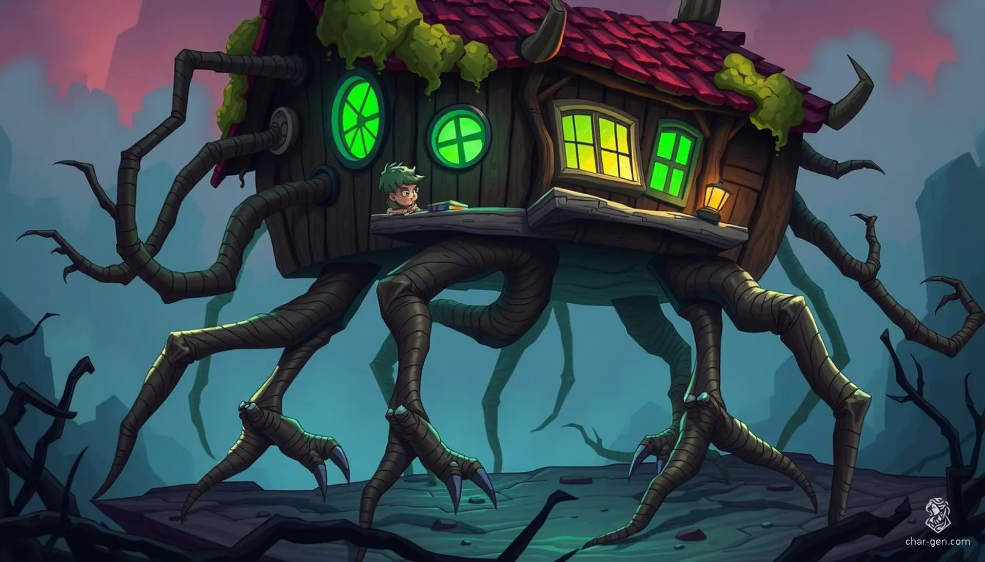 Baba Yaga's hut looms on colossal, clawed chicken legs rooted in the earth, exuding an aura of ancient malevolence. The twisted wooden structure is veiled in moss and glowing runes, its warped walls and eerie green windows casting an unsettling glow. The hut's dynamic, sinewy legs give it a menacing, almost sentient presence, bathed in a dark, mystical ambiance.