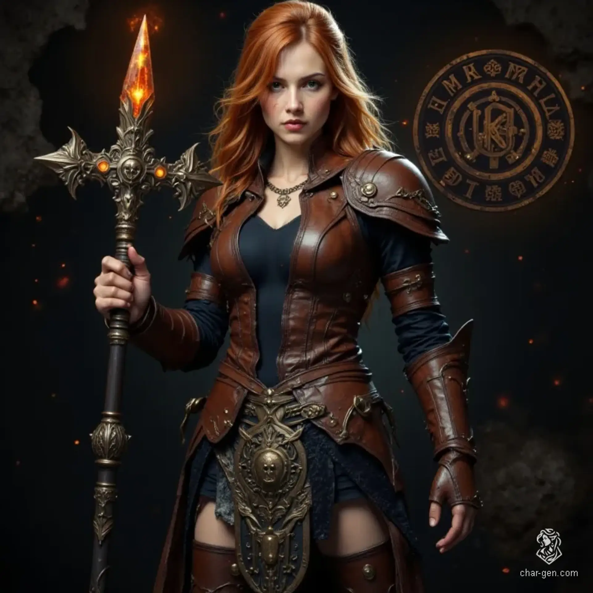 Aleira Emberstorm is a fierce young fire wizard, clad in finely crafted leather armor etched with glowing runes and divine fire symbols. With flowing orange hair and a radiant magical staff, she exudes serene determination and mystical power, embodying heroic flames in a fantasy realm.