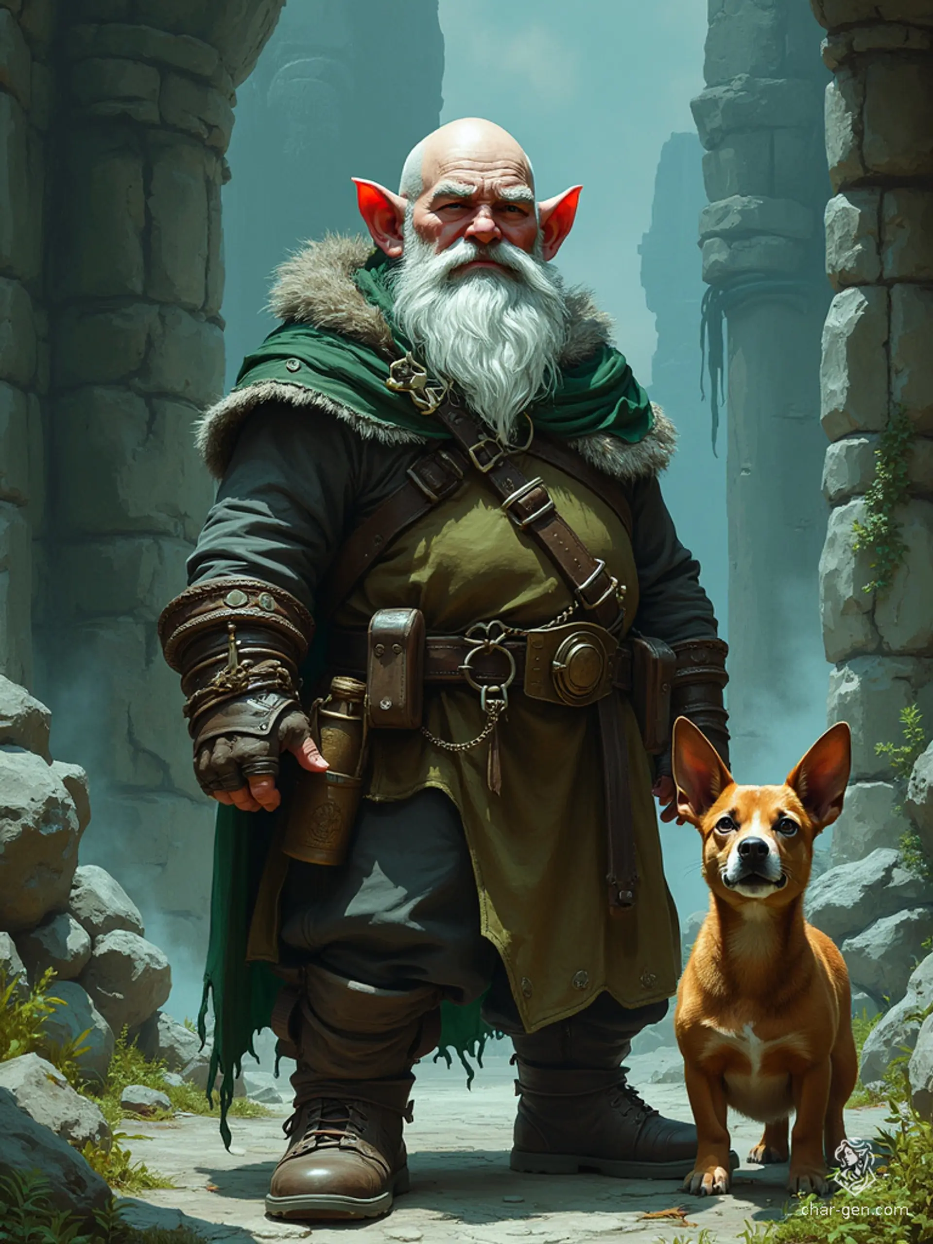 A diminutive deep gnome, with freshly shaved head and face revealing smooth, grey skin, wields the powers of a Druid. He commands natural and earthy elements, always surrounded by loyal animal companions.