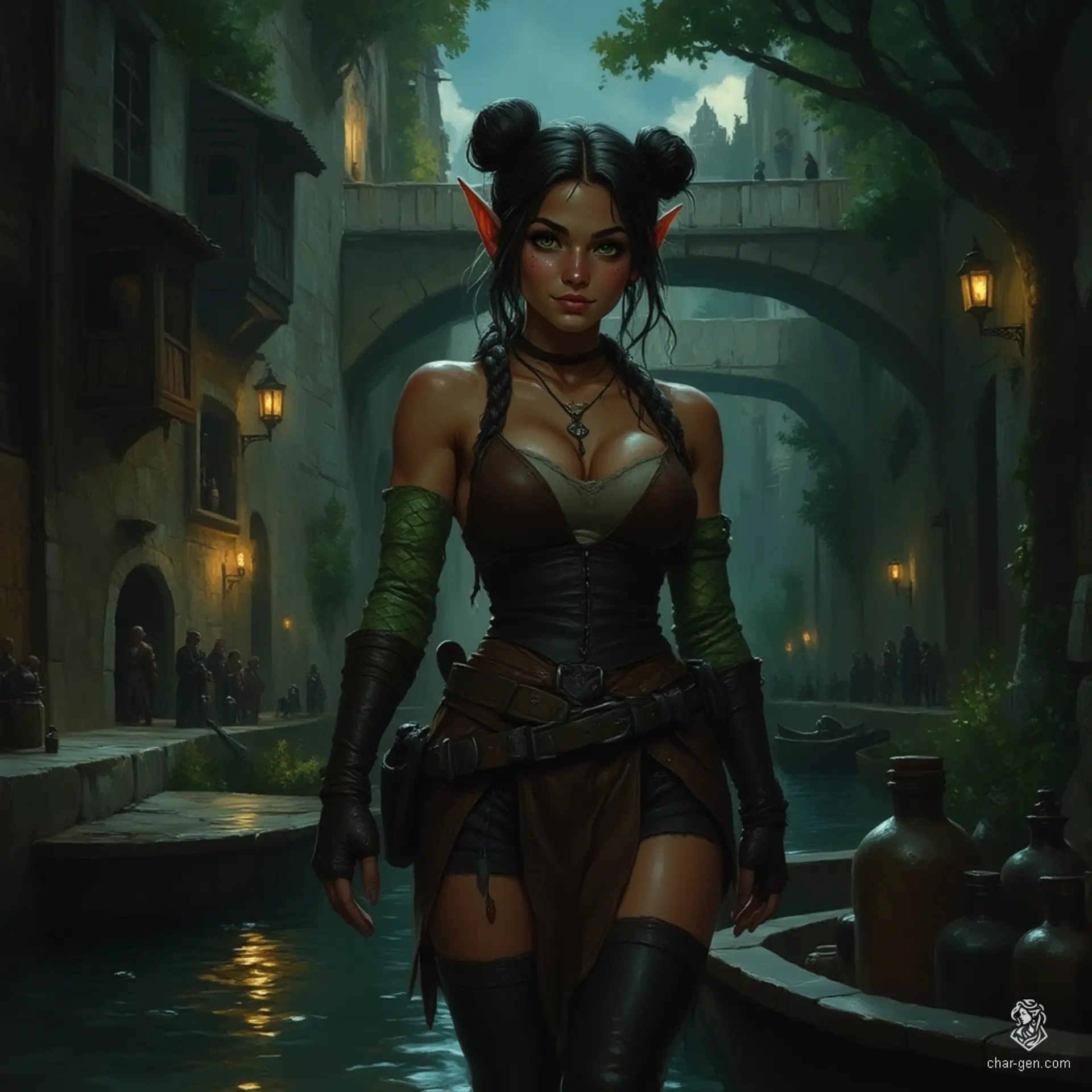 Izzy, a young halfling assassin, embodies a dangerous blend of charm and malice. Standing at 1.5 meters, her tight brown leather armor molds to her curves, while shimmering green scales peek from her bare arms. With snake-like yellow-green eyes, she patiently lurks in shadows, ready to strike her prey.