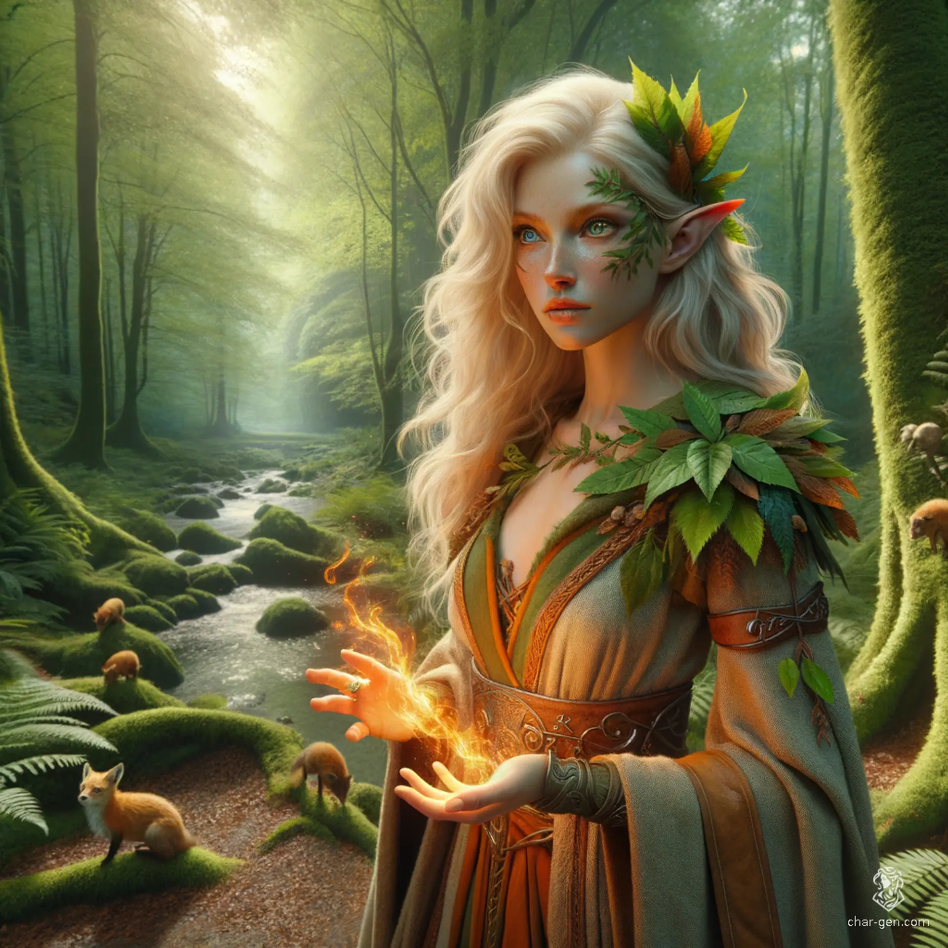 A serene female elf druid, standing 1.65m and weighing 60kg, embodies the essence of nature with her distinct white skin and flowing blonde hair. Her blue eyes gleam with wisdom as she commands earthy elements and forms deep bonds with her animal companions. A guardian of the wild, she balances the fiery heart of her druidic magic.