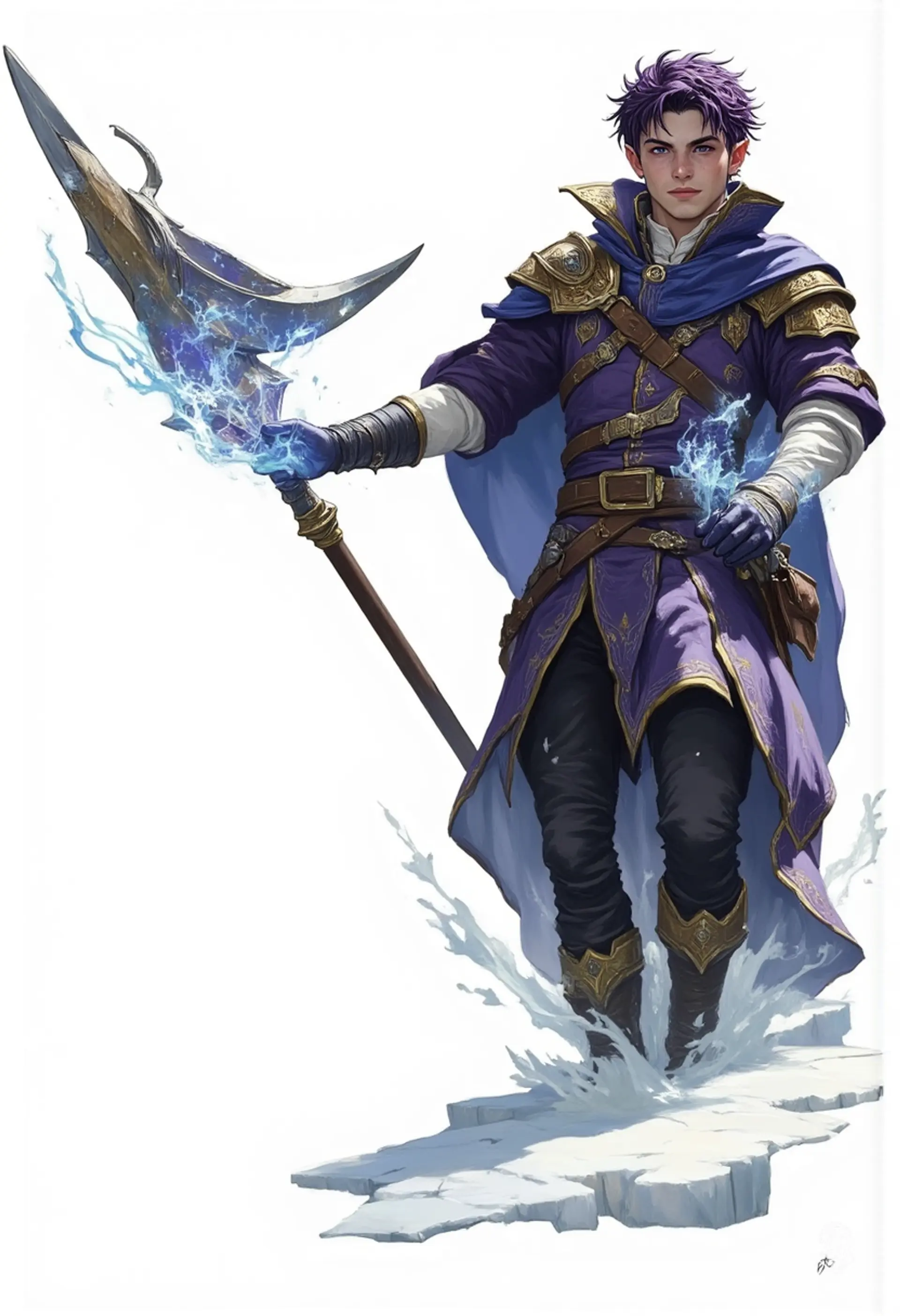 In a luminous, painterly world, a striking male figure stands amidst an icy field, draped in a dark blue robe. His glowing violet eyes and short, dark purple hair catch the wind, while ethereal magic swirls from his beautifully detailed hands, embodying both elegance and mystique.