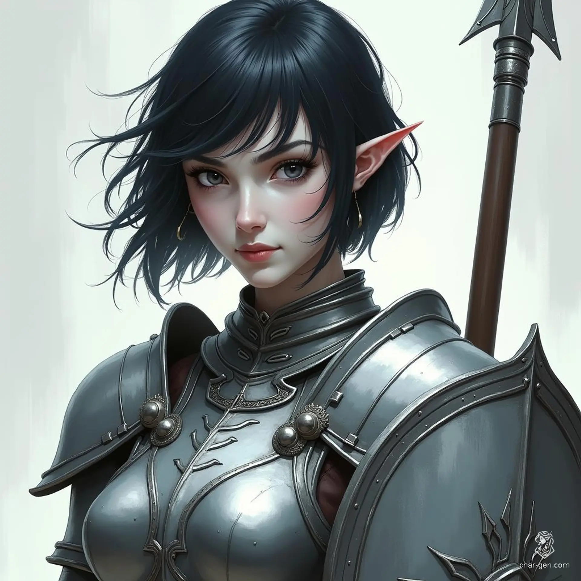 A formidable female shadar kai elf, she boasts short raven black hair and milky white skin, her coal-black eyes piercing through the darkness. Clad in gleaming silver full plate armor, she wields a spear and shield, embodying elegance and strength in battle. 
