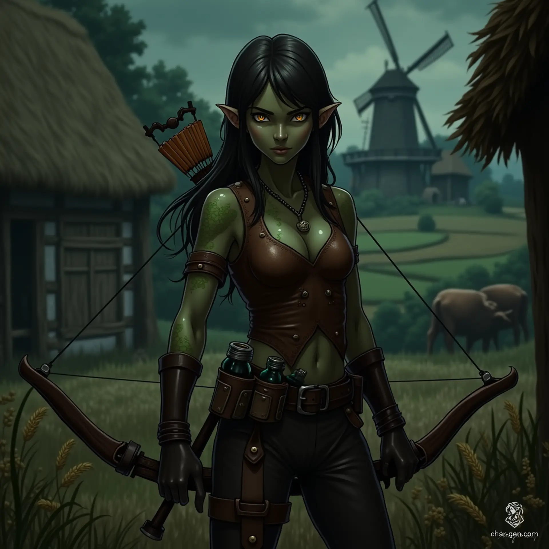 Izzy, a newly emancipated halfling assassin, is a skilled crossbow specialist standing at 1.5 meters. Her graceful form, adorned with shimmering green scales and clad in tight brown leather armor, exudes danger and competence. With sharp yellow-green eyes, she awaits her prey, embodying the thrill of the hunt.