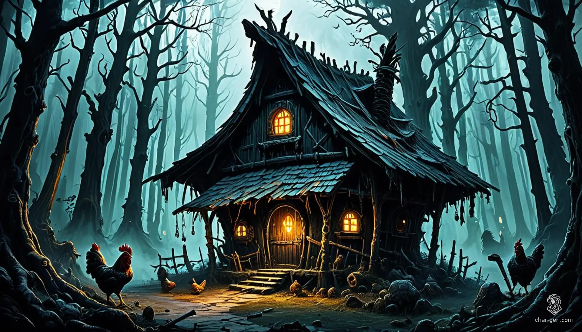 A twisted wooden hut stands precariously on long, spindly chicken legs, its gnarled joints creaking with every movement. Warped walls adorned with glowing runes hint at ancient magic. Enveloped in a dense fog, the dark forest around it bristles with twisted trees and eerie, luminescent mushrooms, creating an otherworldly, foreboding atmosphere.