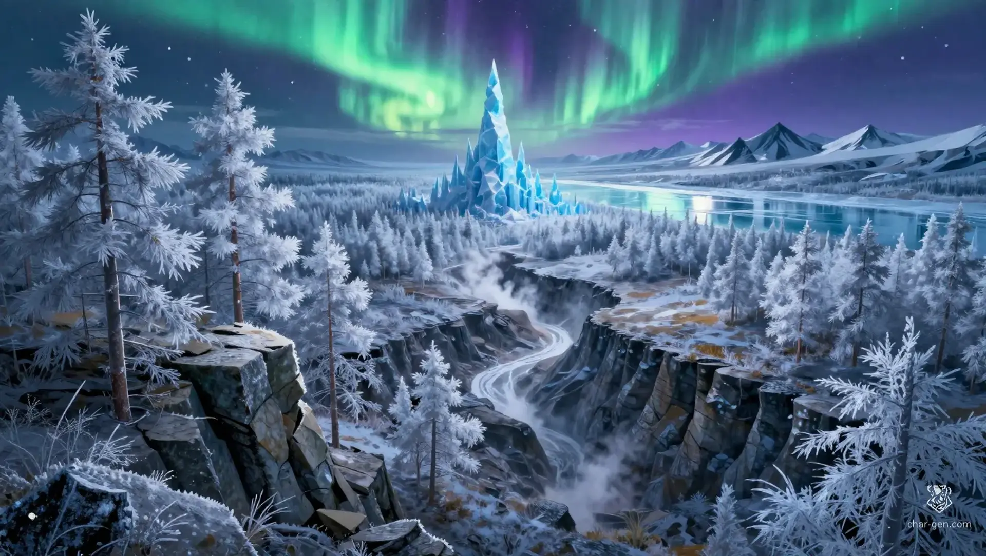 The Cryo-Taiga Reach - AI-generated fantasy Region