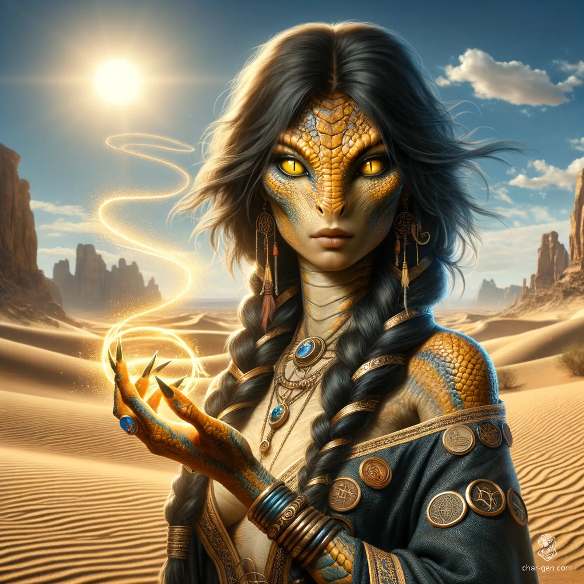 A powerful female yuan-ti sorcerer, with tan skin and a snake head, features braided jet-black hair and yellow serpentine eyes. Adorned in enchanted garments inscribed with arcane sigils, she emanates a palpable aura of magic.
