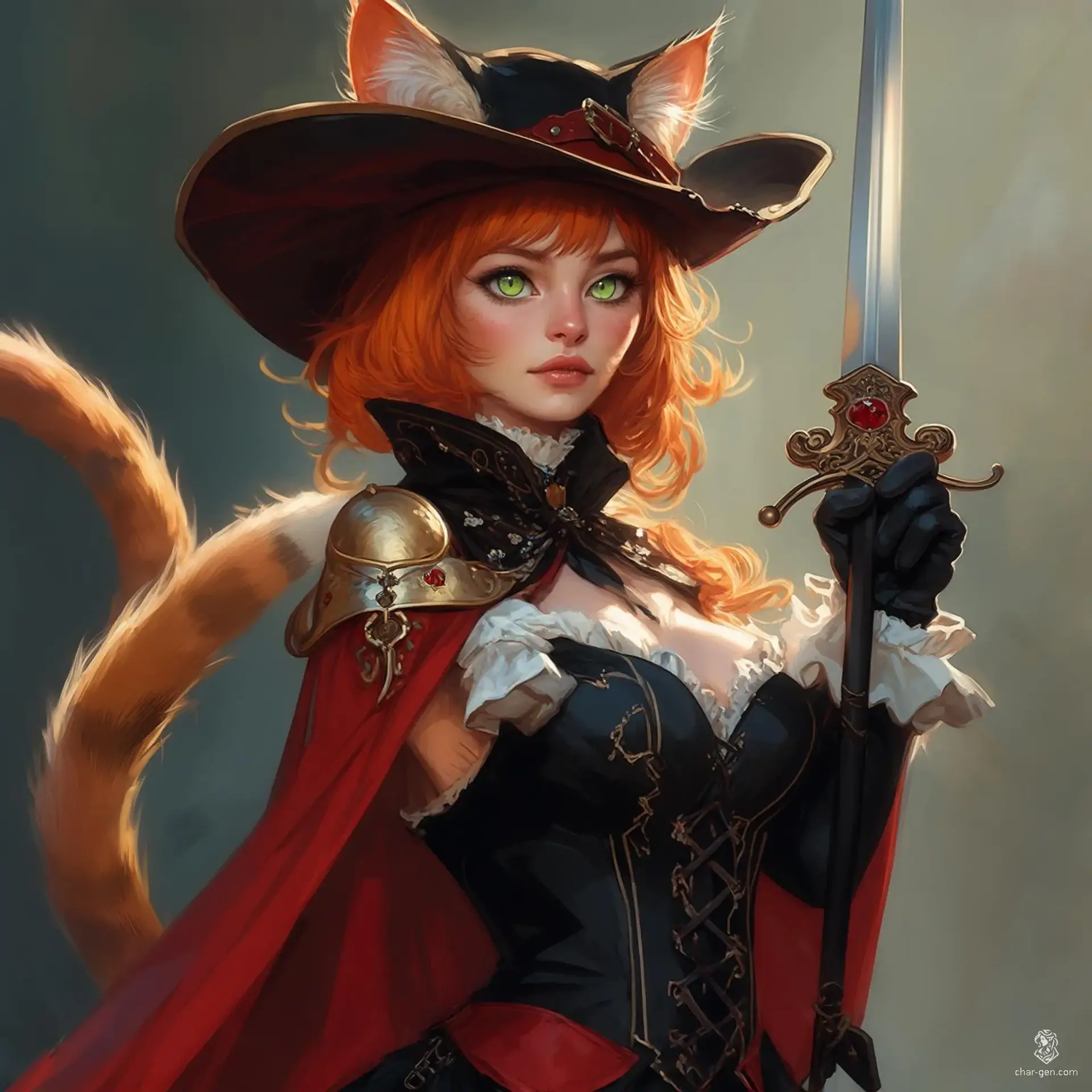 A striking female duelist bard blending French Renaissance elegance with feline grace. Wielding a rapier and dressed in a cavalier hat and shoulder cape, she features vivid ginger hair, green cat-like eyes, and agile cat ears and tail. Her bold, detailed attire radiates both charm and danger.