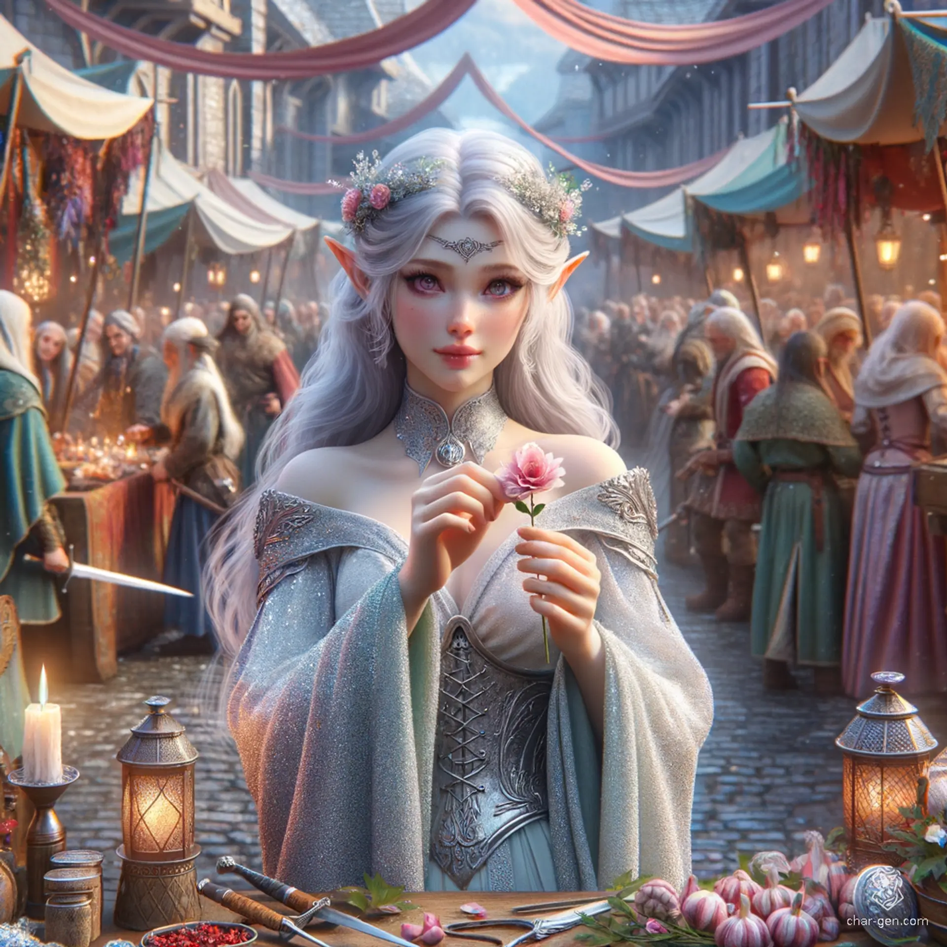 Zusa, a 27-year-old Winter Elf Druid and noble Circle of Shepherd Eladrin, stands at 5'4" with a wispy build and fair, soft pale skin. She has half-up-half-down milk tea brown hair, distinct pink eyes, and a heart-shaped, freckled face. Known for her wisdom and skill with animal companions, Zusa wields a dagger and a detailed shield. Dressed elegantly yet functionally, she often adorns Parish, her Tiefling warlock love, with pink flowers she crafts using her druidic abilities.