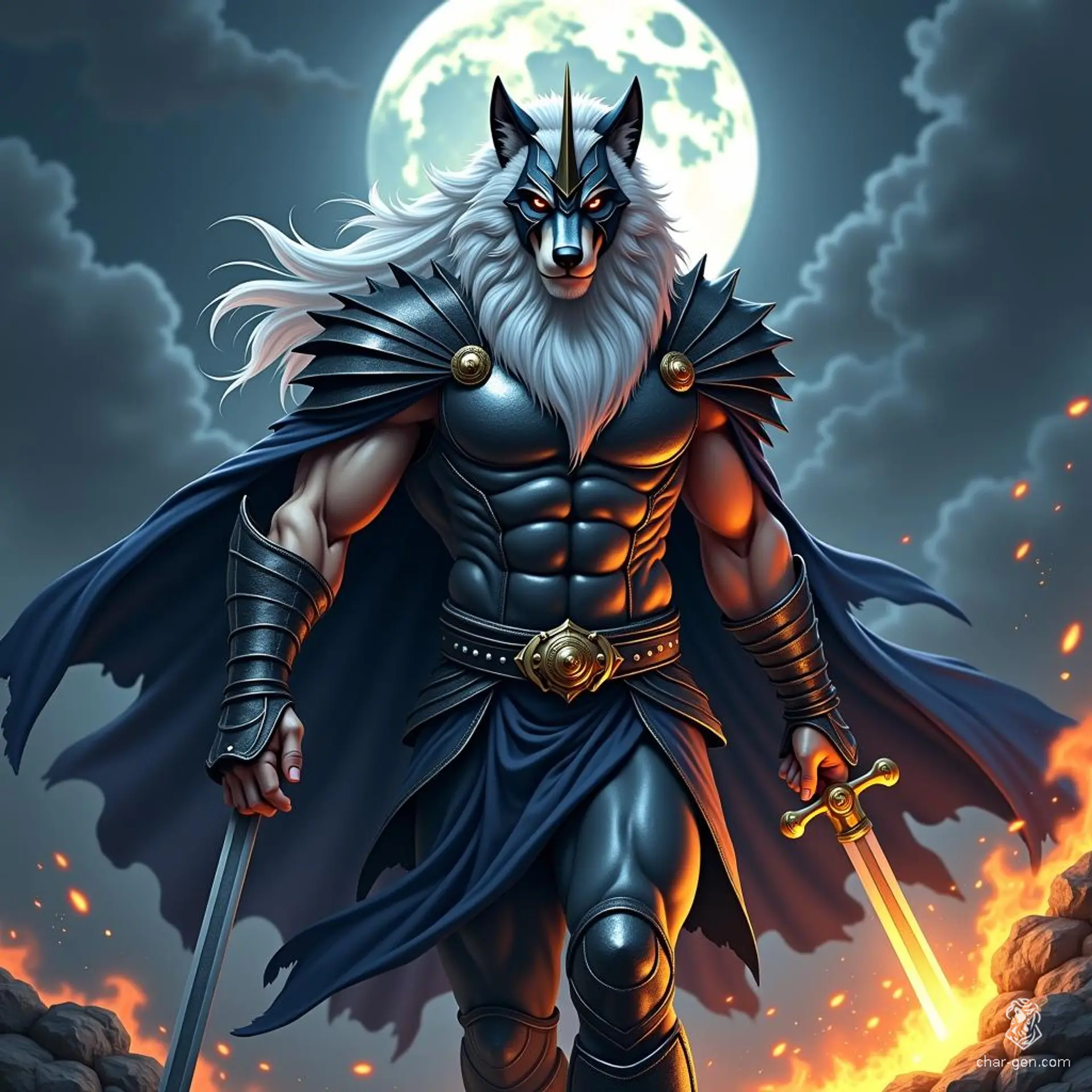 A striking wolfman warrior emerges from the night, adorned in a wolf-face helmet with a single horn. With long white hair, regal robes over black metal armor, and a leather bodysuit, he strides powerfully under a crescent moon, sword in hand, illuminated by dark firelight amidst a foggy breeze.
