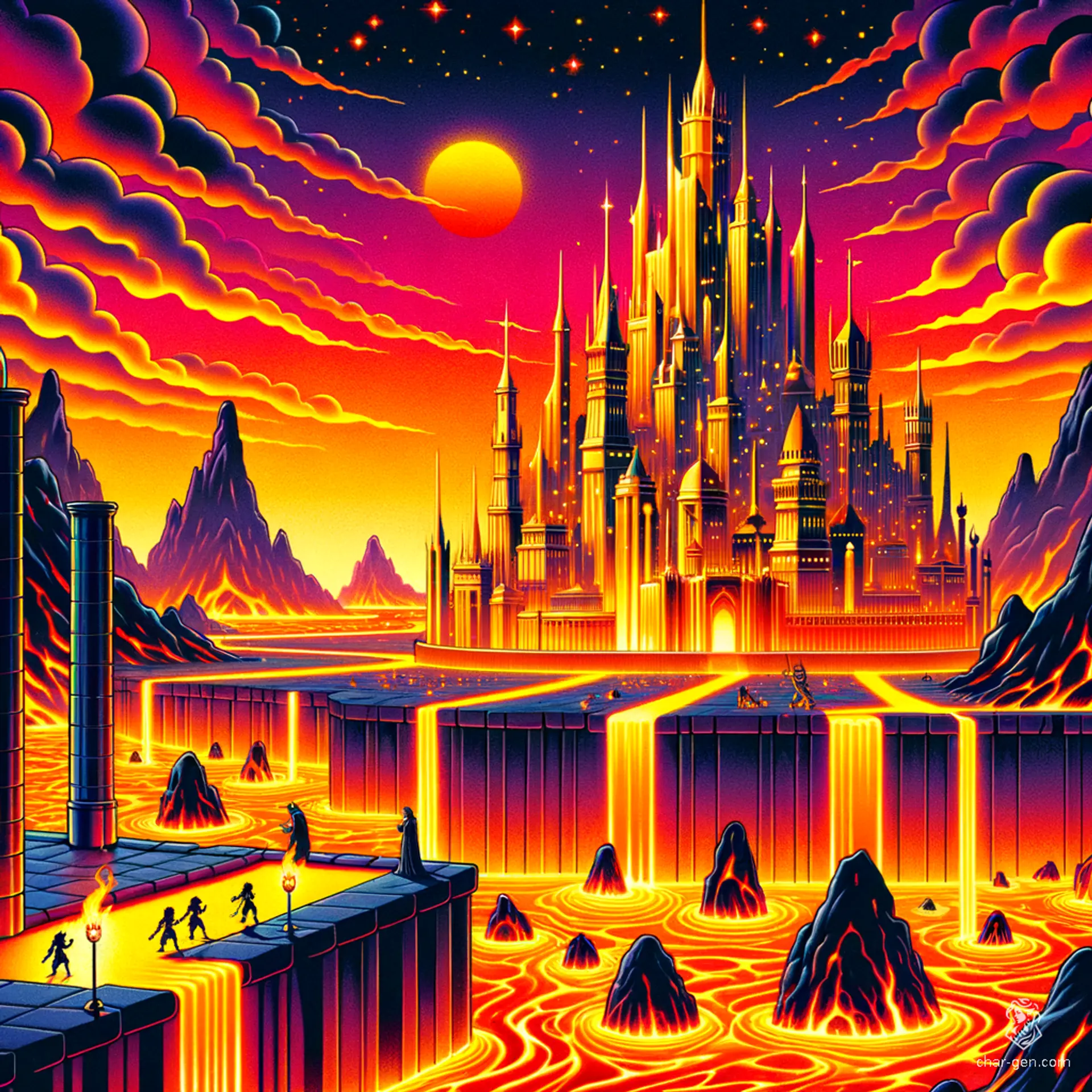 The Elemental Plane of Fire is a mesmerizing realm of eternal flames, where rivers of molten magma weave through jagged basalt cliffs and floating obsidian islands. Brilliant yellows, fierce oranges, and fiery reds dance amidst billowing smoke, creating a dazzling yet perilous landscape that scorches the unprepared.