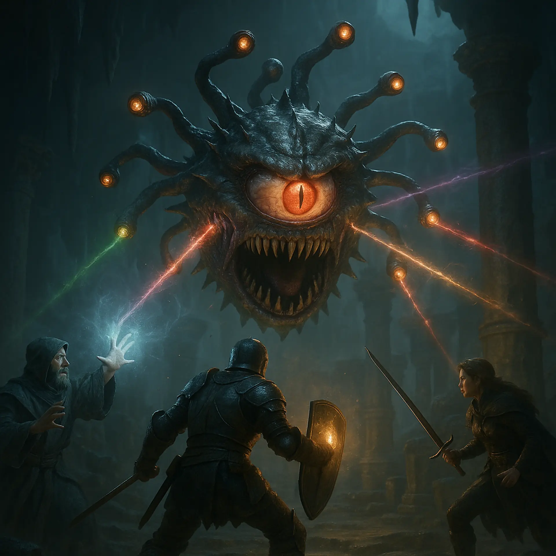 A fearsome beholder hovers menacingly within a shadowed Underdark ruin, its central eye and ten eyestalks unleashing devastating eldritch rays. Surrounded by ancient pillars and dripping stalactites, a fierce adventuring party counters with magic and steel, their glowing shields and spells piercing the cavern’s oppressive darkness.