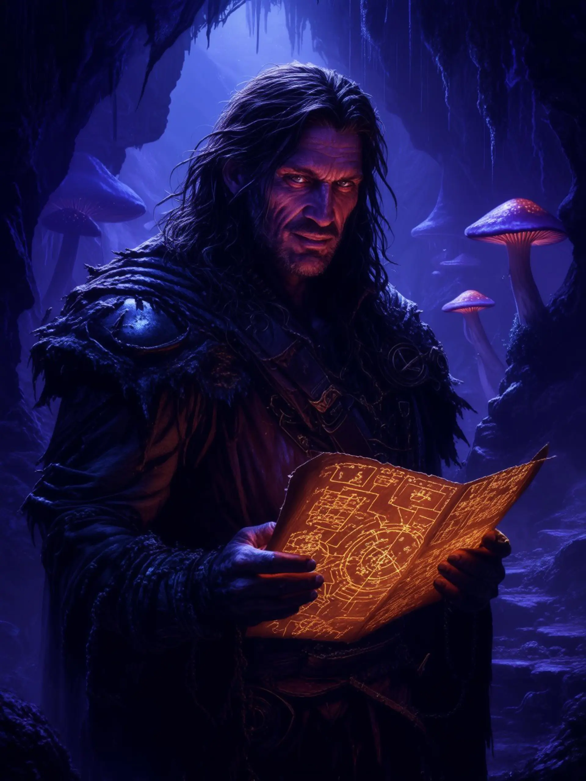 A weathered olive-skinned human fighter and cartographer in his 30s, marked by jagged torture scars. Standing confidently amidst the eerie Darklands, he wields an arcane glowing map that illuminates twisted ruins and shadowy wastelands, charting unknown territories with precision and grit.