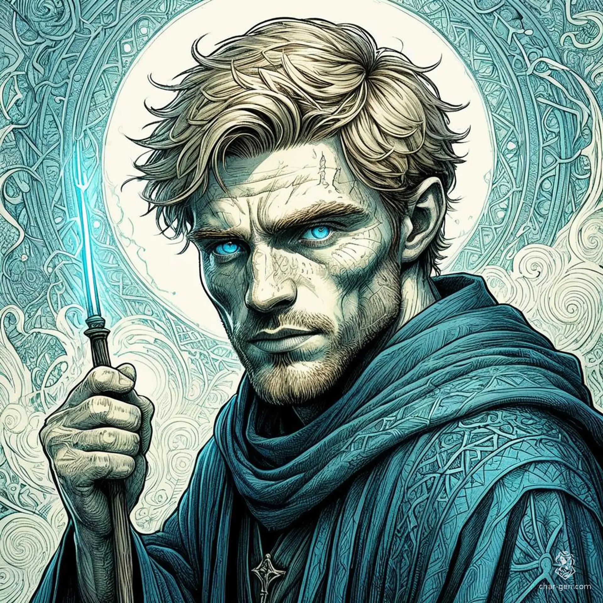 Larrius the Apprentice is a 20-year-old human wizard with a medium build and distinct white skin marked by birthmarks. Standing at 1.81 meters, he has striking greenish-blue eyes and short, straight brownish-blond hair. Once a slave, he now wields a quarterstaff and dons enchanted garments, driven by a thirst for knowledge and self-improvement. Despite his intelligence and wisdom, he often speaks without thinking and struggles to keep secrets. Tasked with preserving knowledge, Larrius embarks on a journey to uncover life's mysteries.