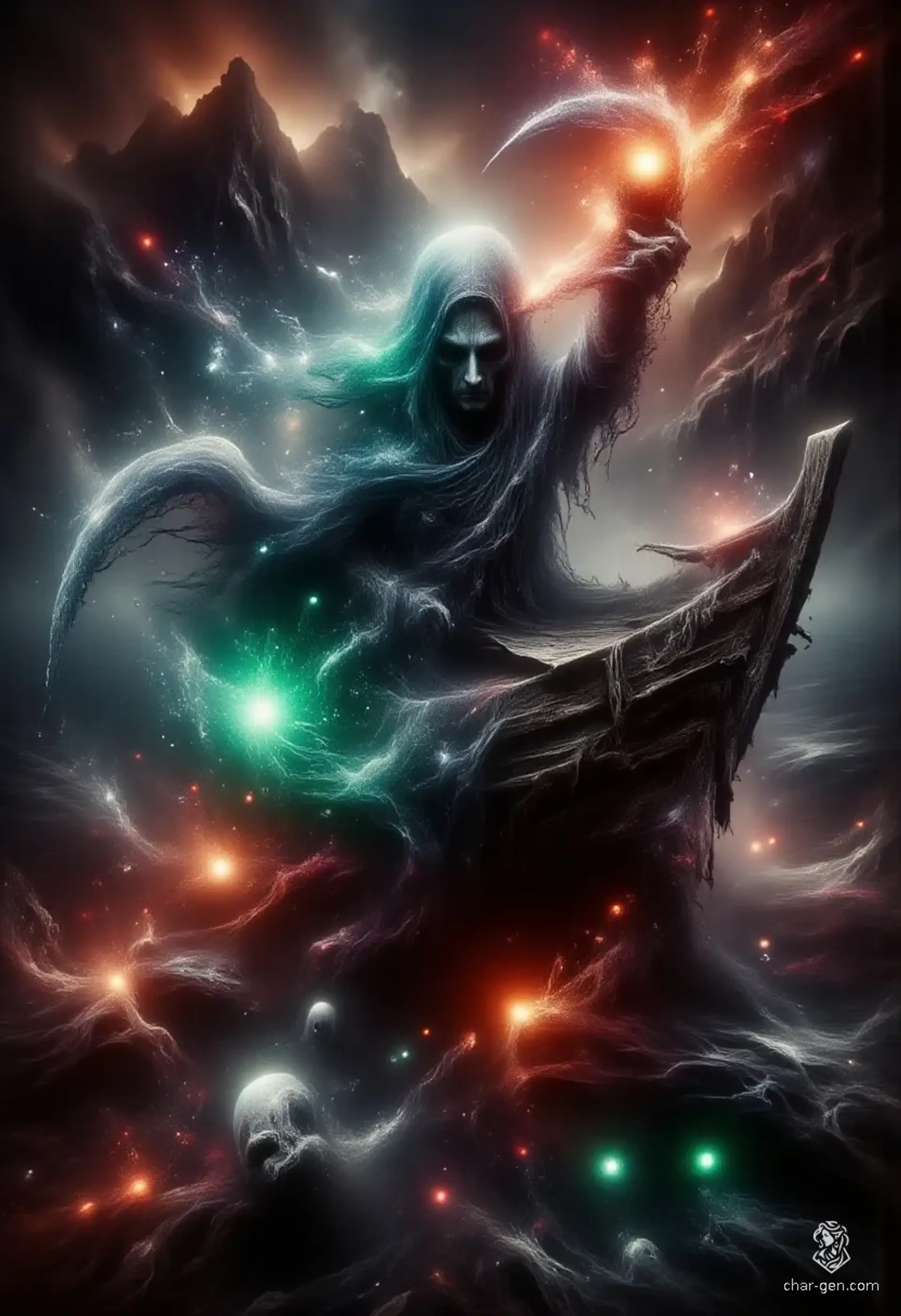Amidst a blood-red sea, an ancient crone stands on a decrepit boat, her haggard form illuminated by a flickering lantern. Wrinkles map her face, and arcane sigils swirl around her, hinting at her warlock powers. Shadows of lost souls rise from the depths, drawn to her eerie aura.