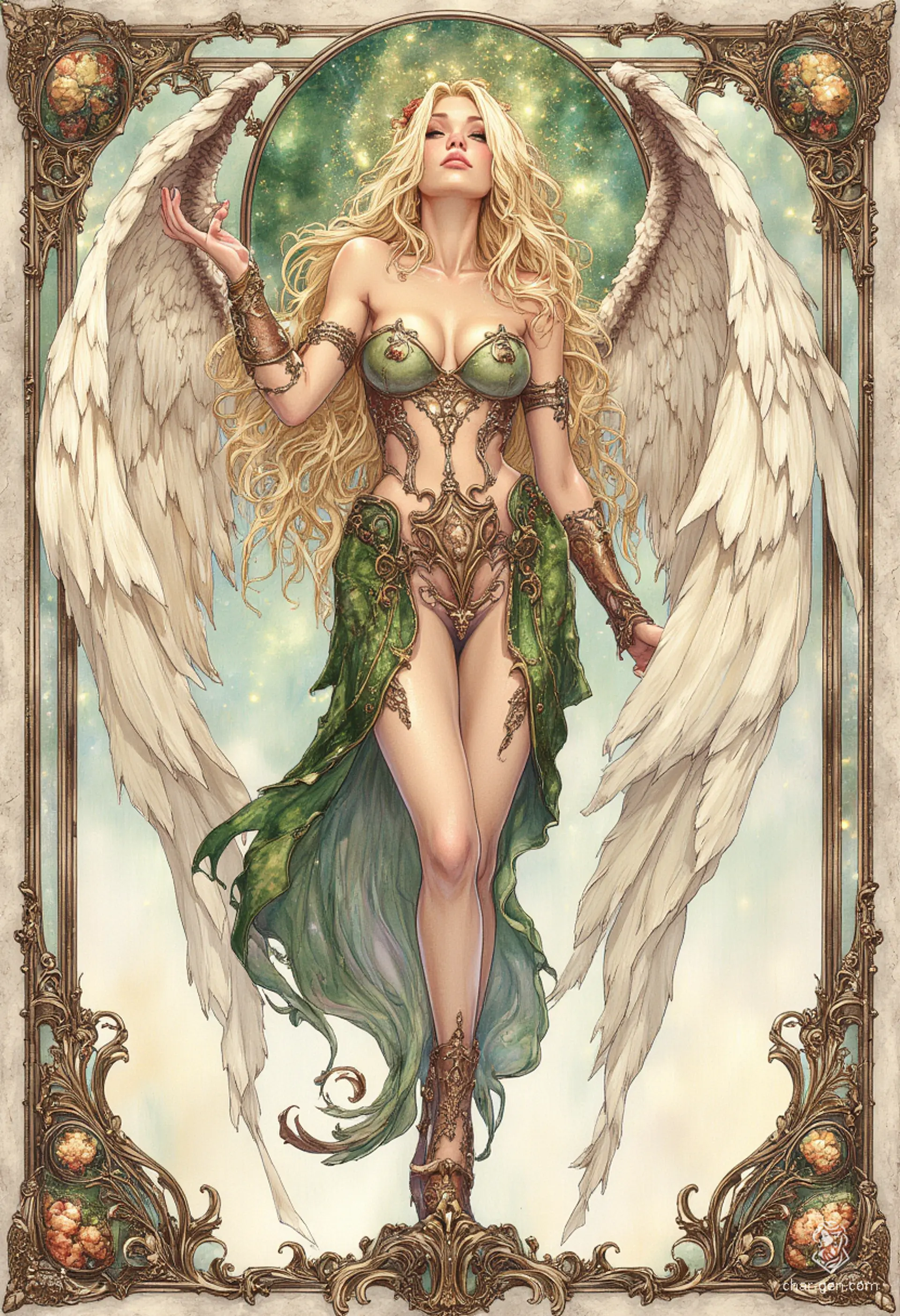 Sigarda, a breathtaking angelic figure, embodies grace and beauty. Dressed in ornate green and gold armor, her golden hair cascades like sunlight. With solid gold glowing eyes and intricate, flowing curves reminiscent of art nouveau, she floats serenely in a vibrant sky, surrounded by delicate floral motifs.
