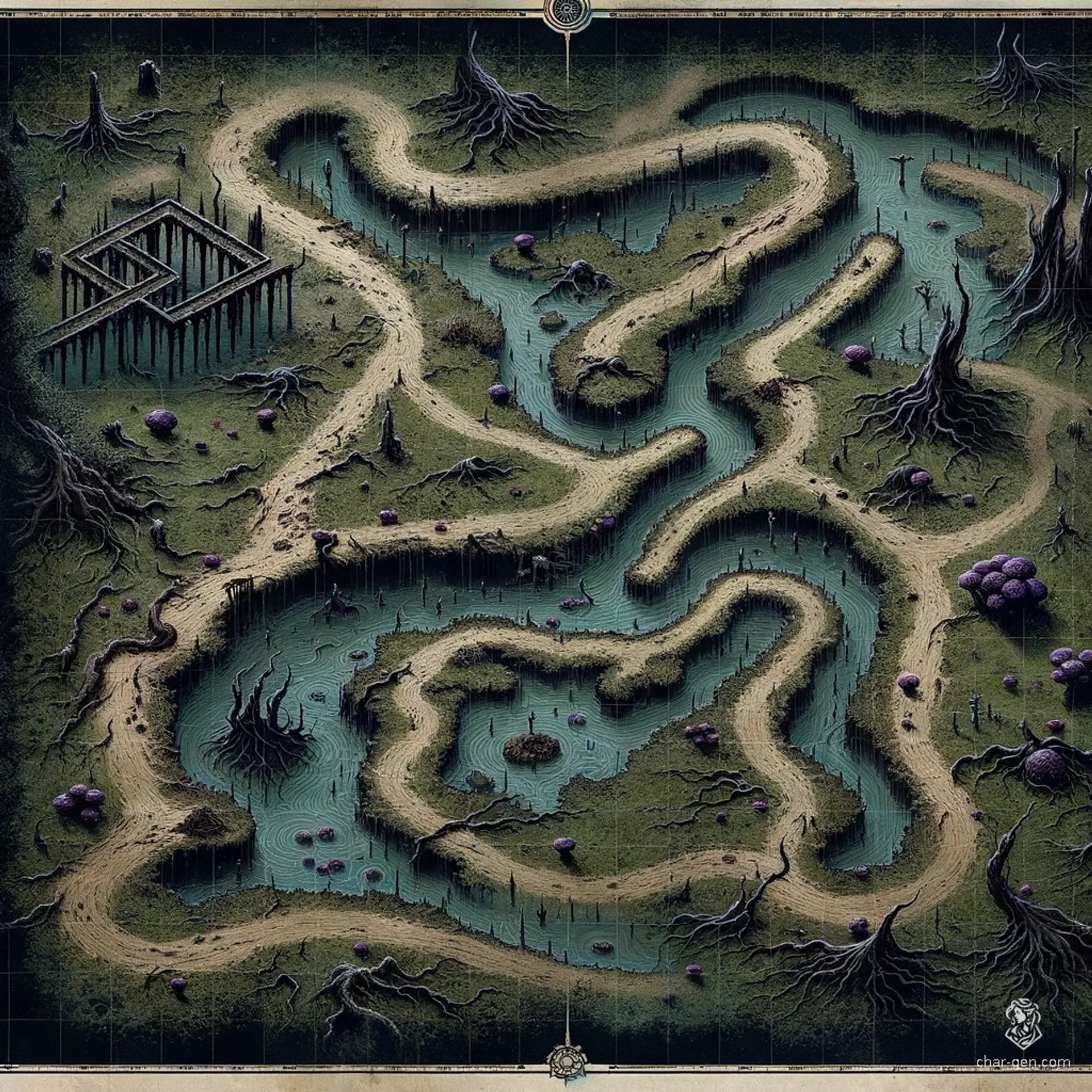 In the heart of a fog-laden marsh, tangled mangroves rise above pools of murky water, their roots ensnaring secrets long forgotten. Glowing crickets narrate dark tales until hungry frogs strike. Remnants of a shattered highway bridge loom ominously, concealing hidden traps and treasures. Beware the sticky mud that guards the ancient pathways winding through this gothic landscape.