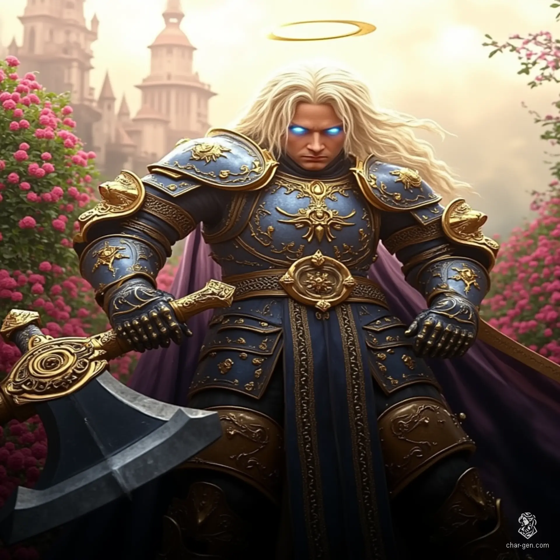 Puriel is a formidable aasimar fighter with an ethereal glow and striking blue eyes. Clad in intricately detailed chain mail and gripping a massive greataxe, he stands proud with white-blond cornrows beneath a shimmering halo. His strong demeanor reflects both his celestial heritage and battle-hardened resolve.