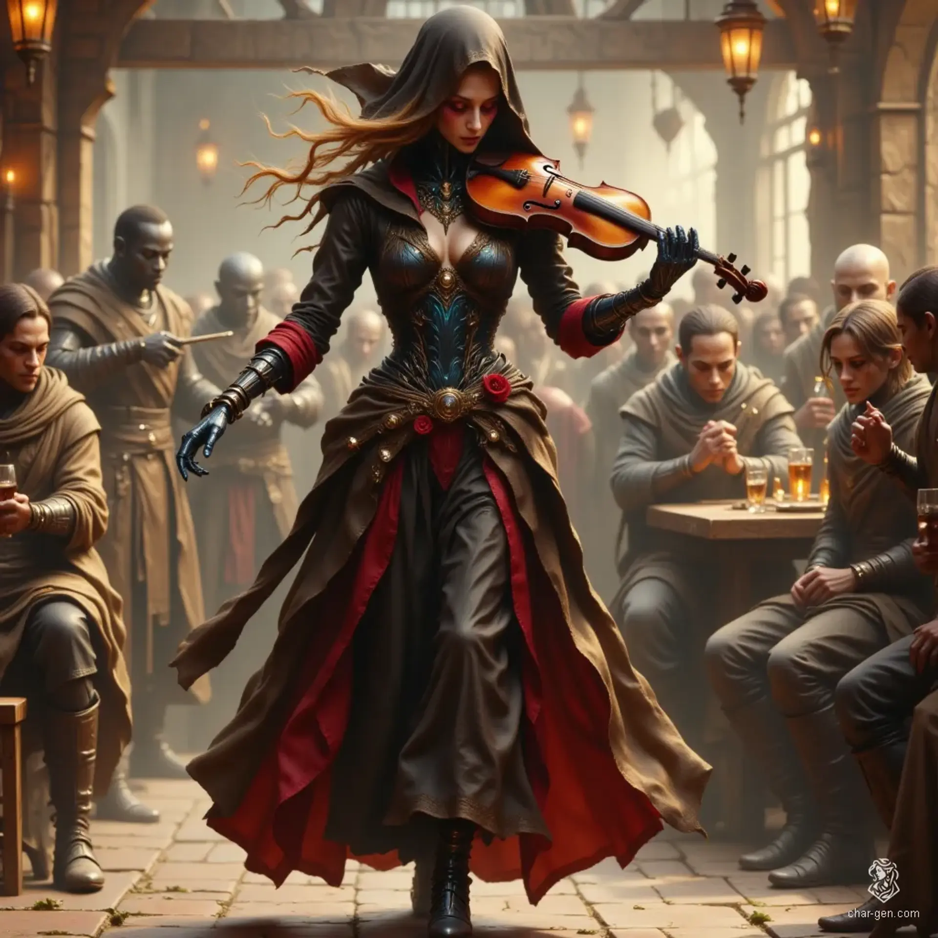 A mesmerizing warforged dancer, her striking red eyes gleam from under a lace-lined hood. Clad in a flowing black dress with crimson accents and a long duster, she captivates the tavern with her haunting violin melodies, all while showcasing the grace of ballet amidst a backdrop of high fantasy.