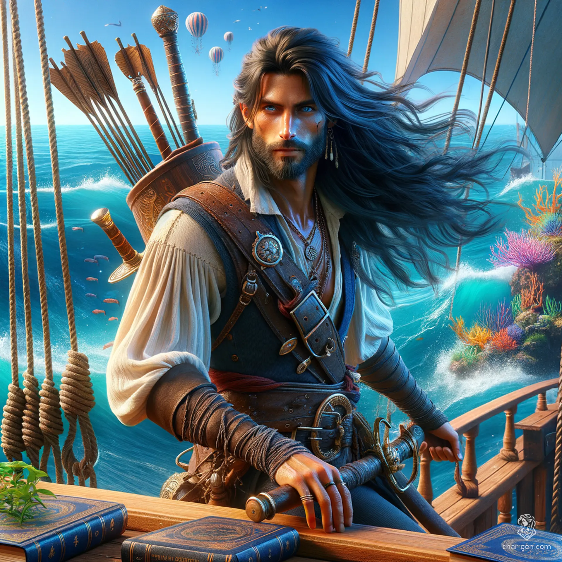 A rugged former pirate with long, silky, black hair and bright blue eyes, now turned bard. With a cleaned-up look, tan skin, and a worn, beardless face, he dons sailor-like bard attire. Often seen battling waves on deck, he carries swords, studies magical books, and plays a mystical lute or flute.