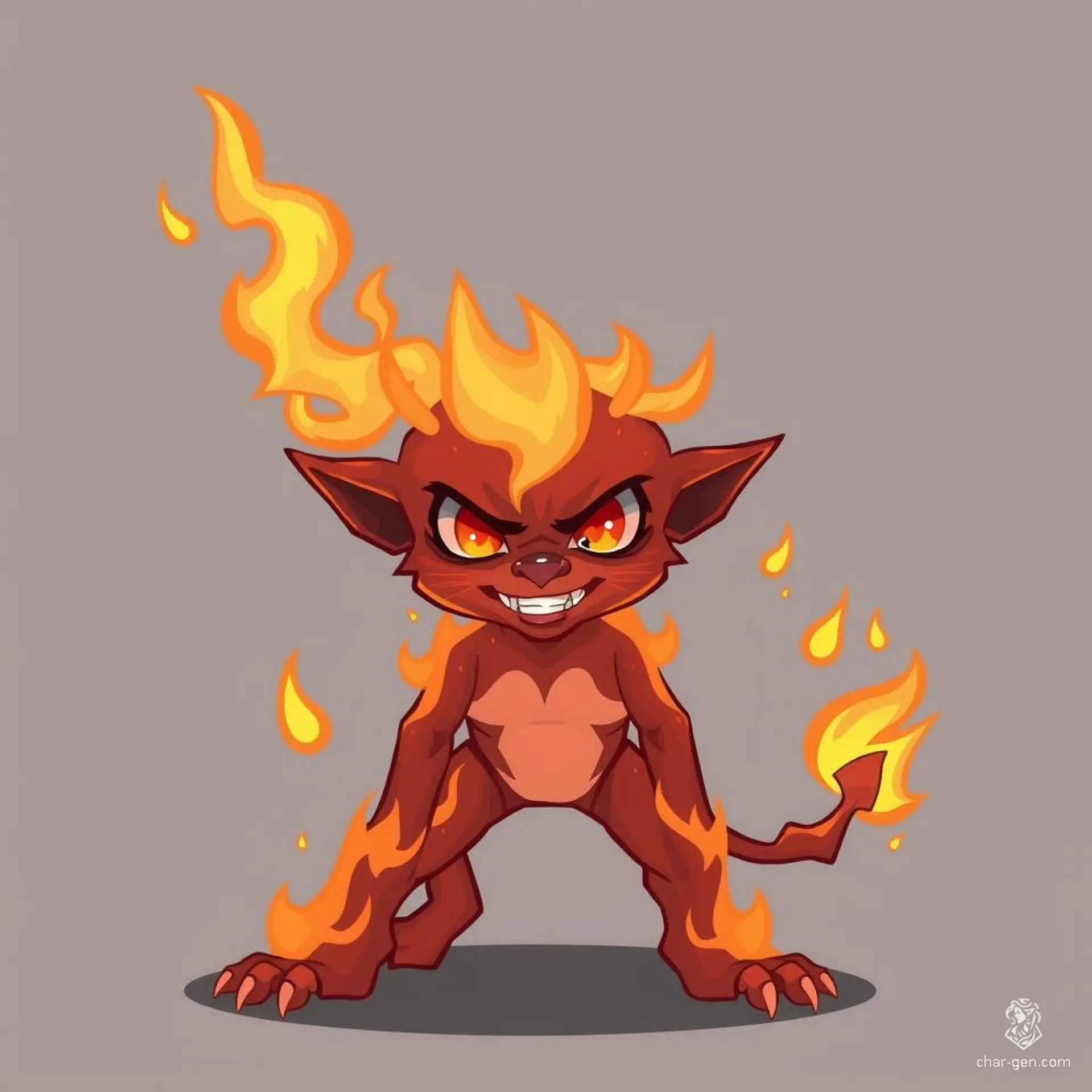 A three-foot-tall juvenile fire elemental, blanketed in flames, boasts a cute face with big, innocent eyes and a devilish grin. Lacking horns, ears, or a tail, this enchanting creature intertwines childlike charm with a mischievous edge.