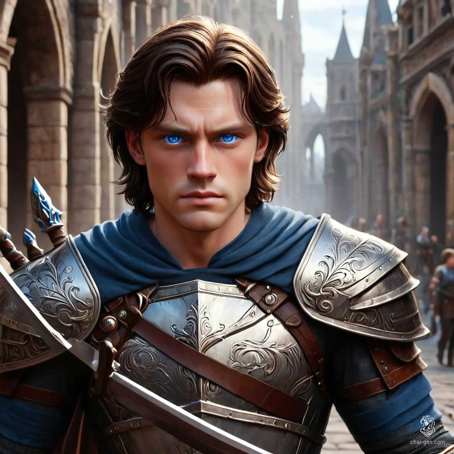 Marcus Thorne is a 25-year-old, fair-skinned human Paladin standing 6'4" with striking blue eyes and deep espresso brown hair. Former squire to Sir Galahad, he's a noble and unwavering protector, wielding a prominent longsword and intricately detailed shield. He is driven by a firm loyalty to his sovereign and a deep-seated obligation to protect those beneath him.