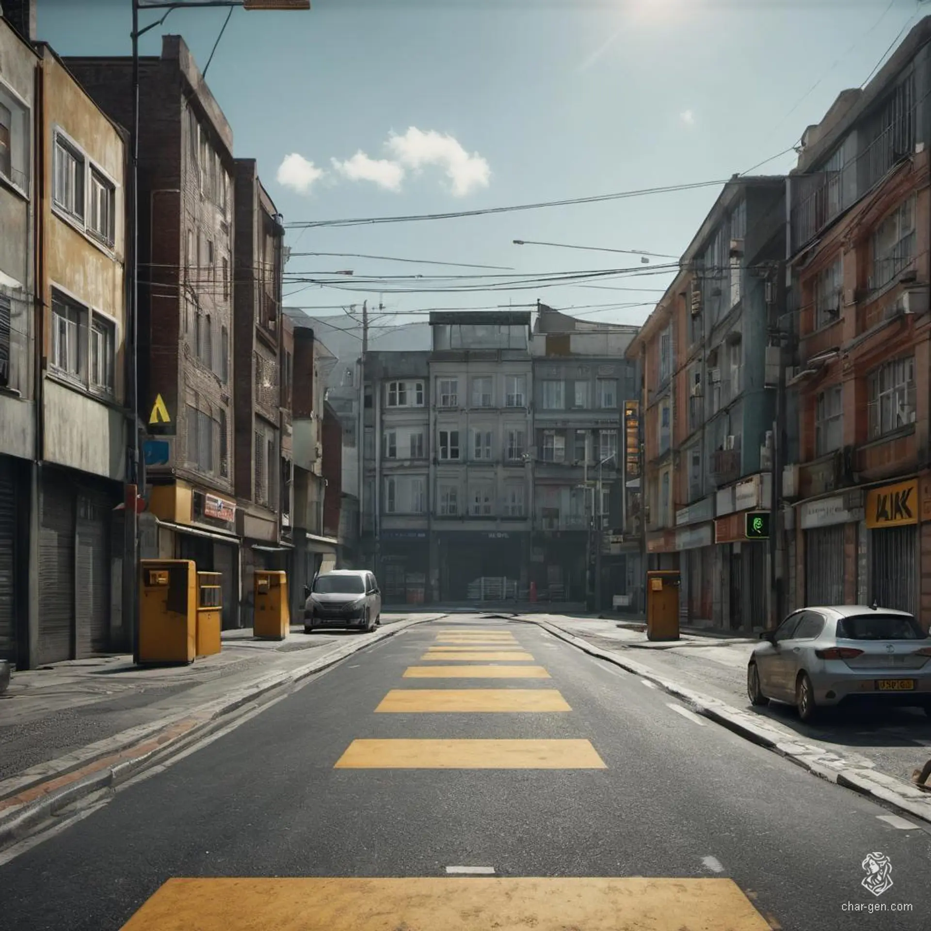 In this hyperrealistic fantasy landscape, a dimly-lit, cobblestone street exudes an eerie atmosphere. Shadows twist around ancient stone buildings, while flickering lanterns cast ghostly glows, hinting at hidden dangers in every darkened alley. The air is thick with foreboding, as if the street itself is alive with secrets.