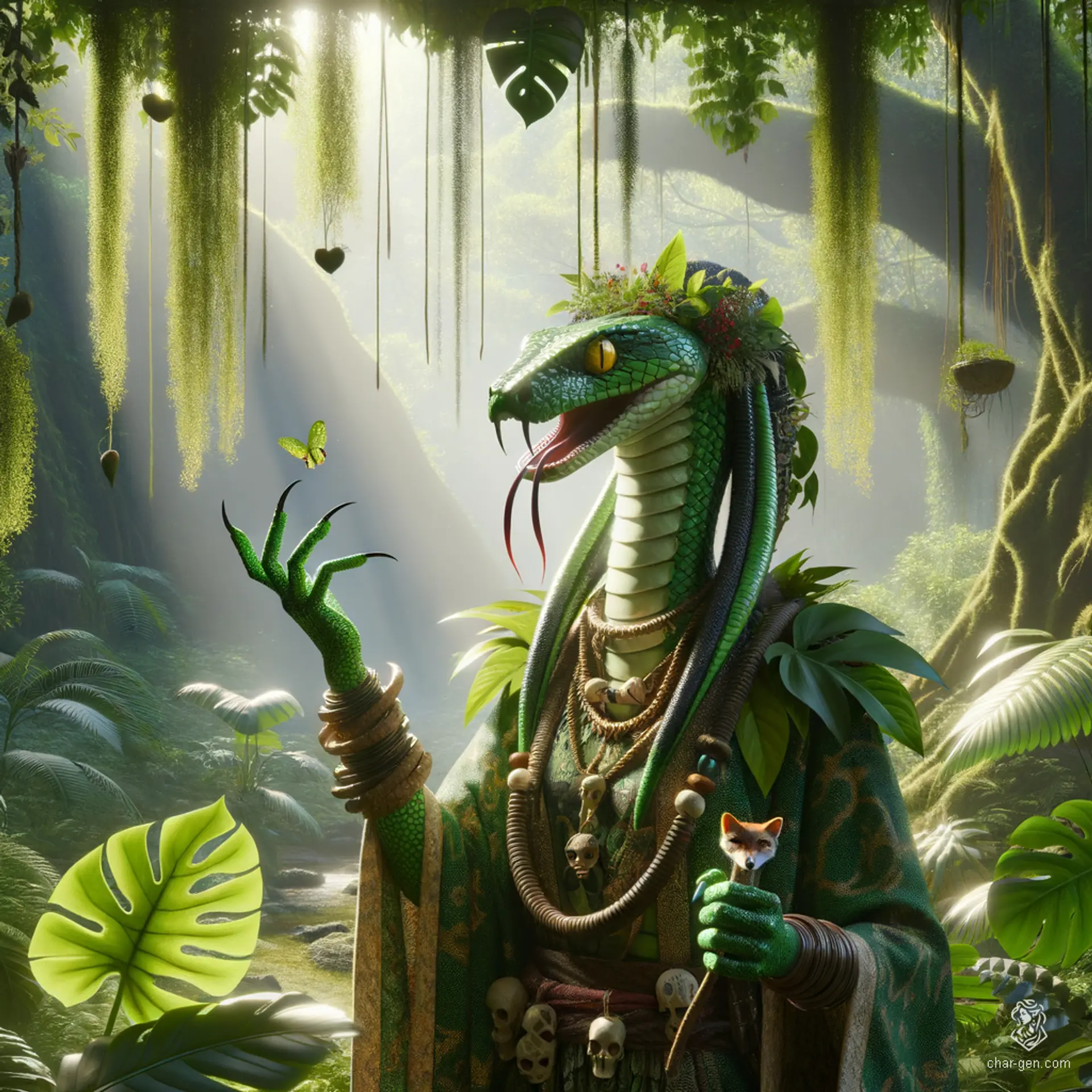 A female yuan-ti druid, featuring a distinctive snake head and serpent-like attributes, wields earthy magic and commands a bond with nature. She is often accompanied by loyal animal companions, embodying a harmonious blend of serpentine mystique and natural wisdom.