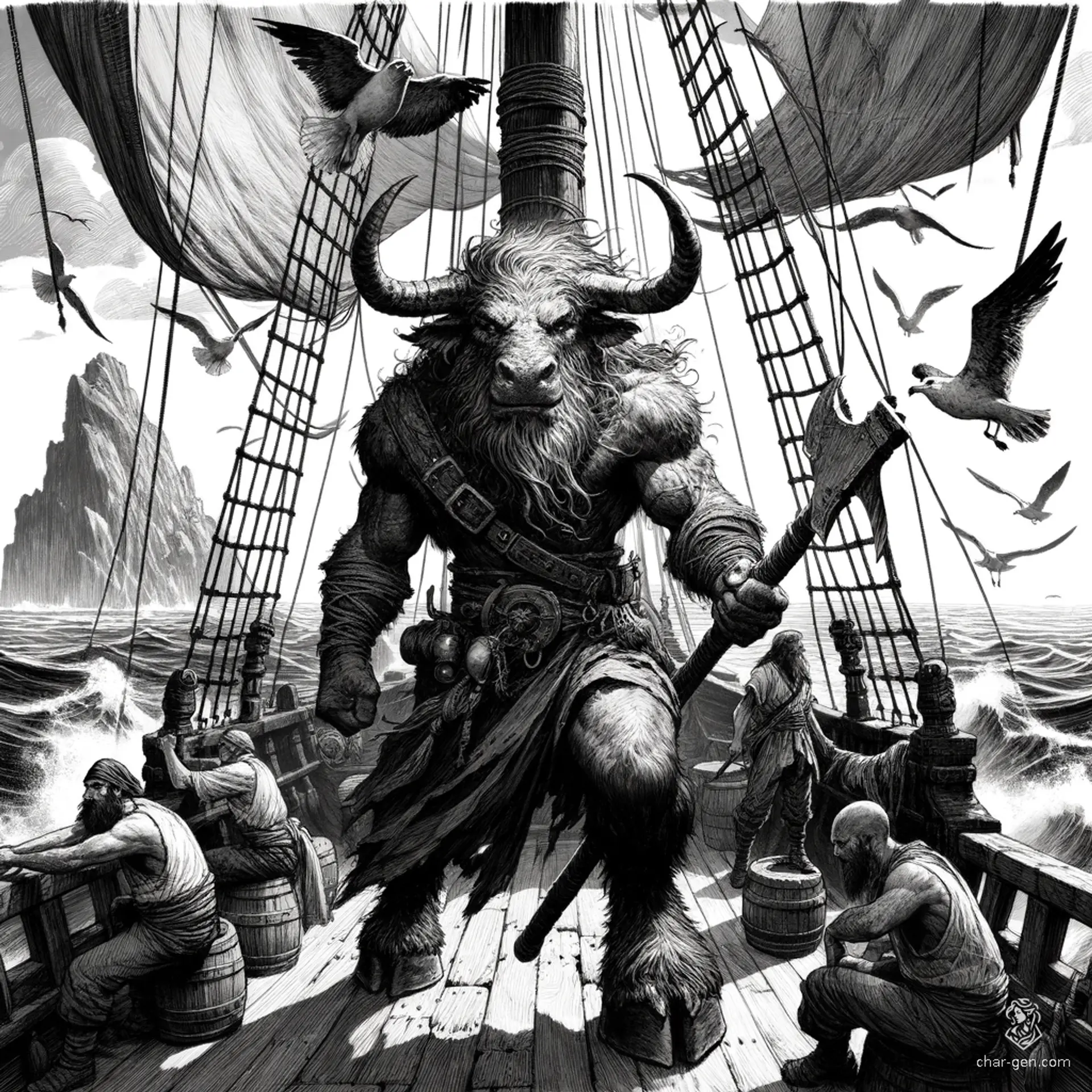 A powerful minotaur sailor, this barbarian combines wild strength and rugged endurance. He's a bull-like humanoid, medium build, with prominent horns, hooves, and a snout. Wielding a greataxe, he channels the spirits of his ancestors as an ancestral guardian, showcasing unmatched hardiness and resilience.