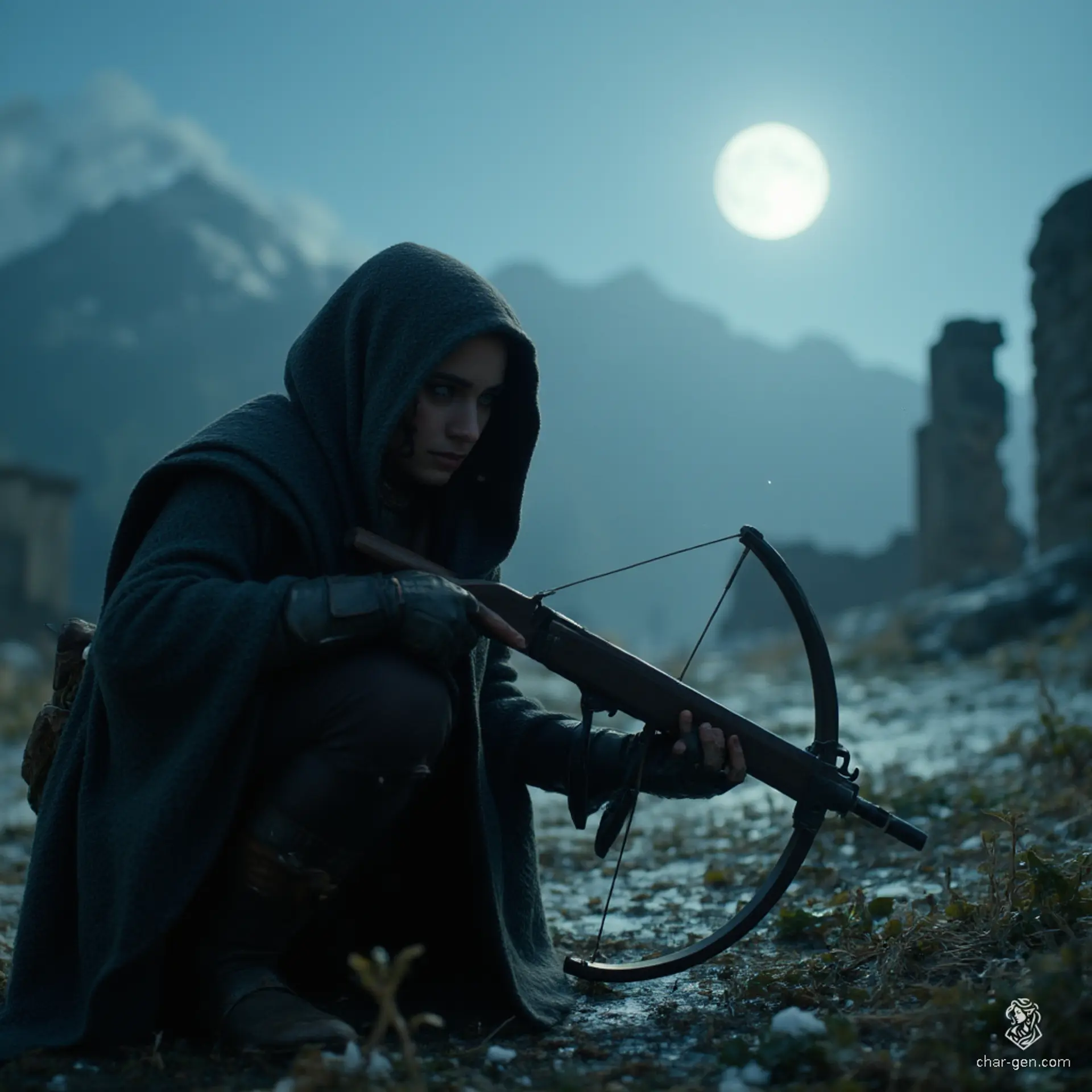 Izzy, a grizzled halfling assassin, prowls the shadows with eerie grace. Her medium-toned skin, marked by green scales, complements her snake-like blue eyes. Cloaked in dark, form-fitting attire, she wields a heavy crossbow loaded with lethal precision, exuding a chilling blend of competence and concealed anxiety under the gibbous moonlight.