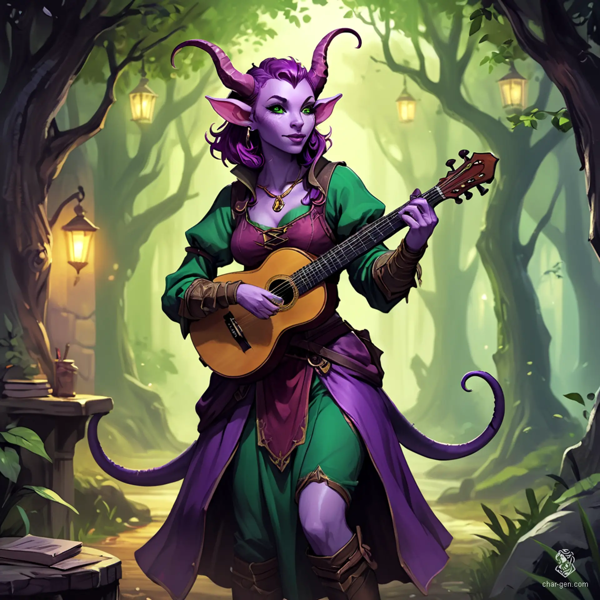 Lyrica Chantenuit, a 25-year-old tiefling bard, captivates with her expressive gestures and enchanting lute. Sporting distinctive purple skin, deep plum hair, and piercing green eyes, she blends charm and agility. Though not the wisest, her soldier’s spirit shines through, embodying both elegance and strength in every step.